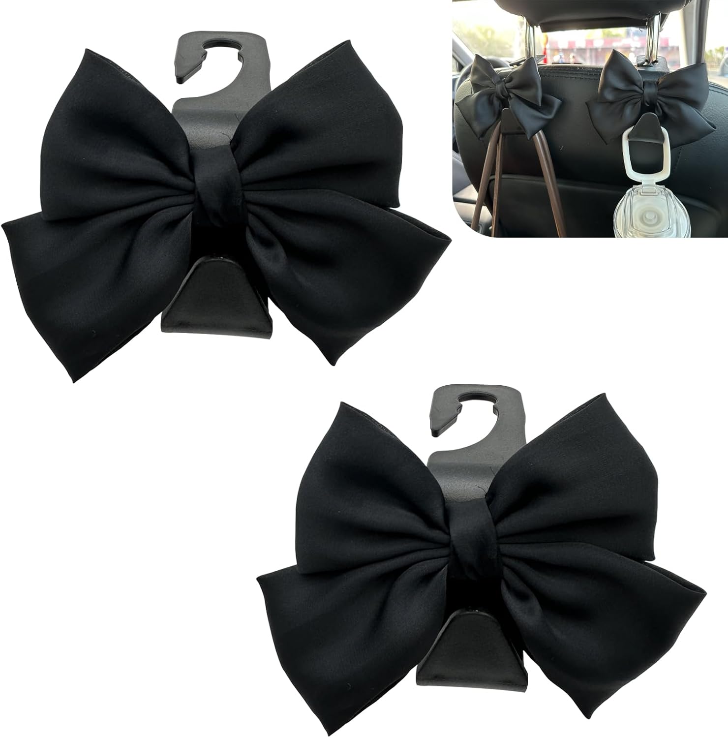 2PCS Cute Bow Car Seat Headrest Hooks - Black