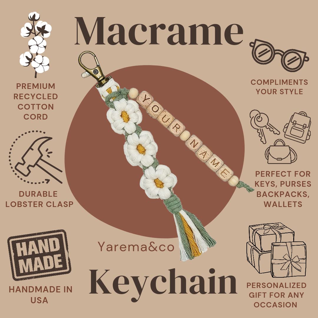 Personalized Macrame Keychain with Daisy Flower and Tassel