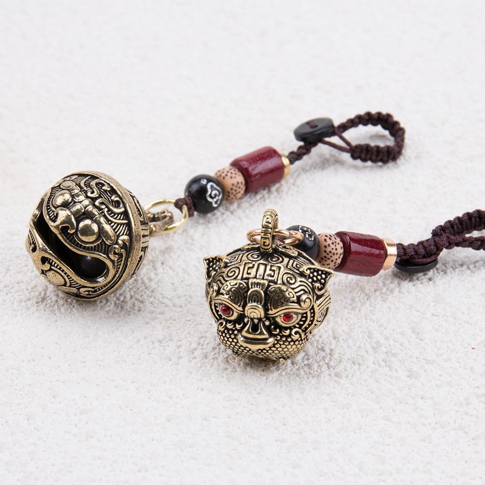 2Pcs Brass Tiger Head Keychains with Hanging Bells