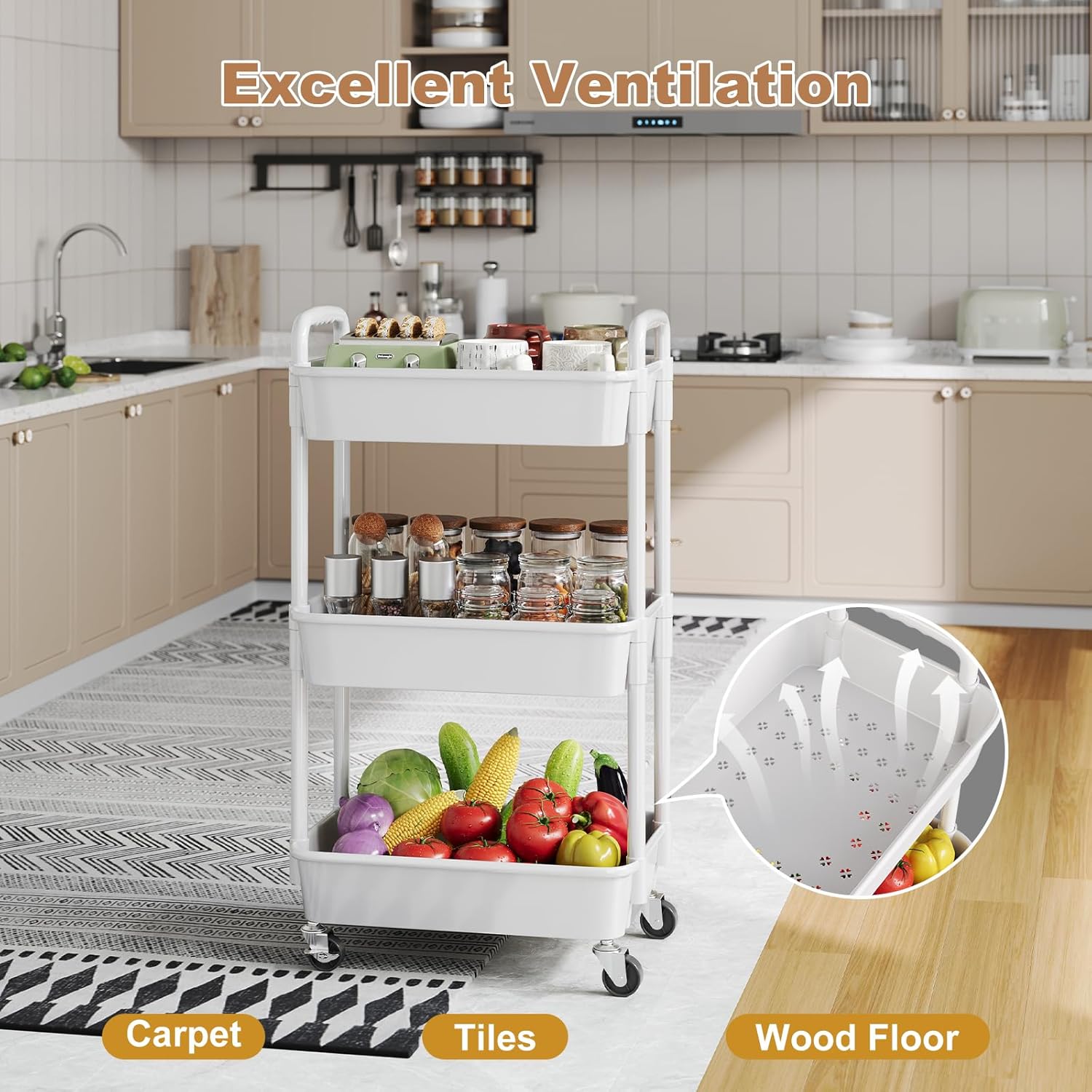 3 Tier Plastic Rolling Cart with Lockable Wheels