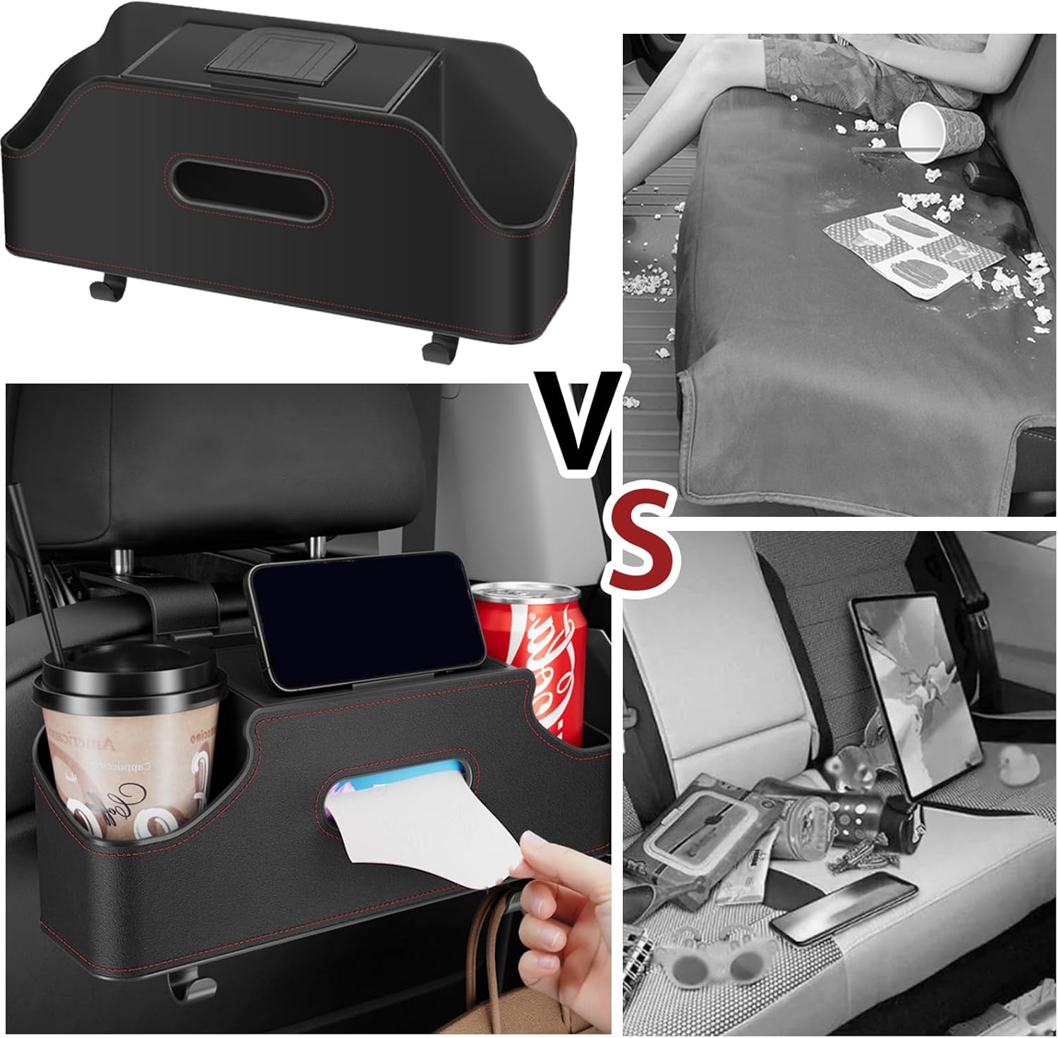 Car Back Seat Organizer with 2 Drink Holders and Tissue Box Black