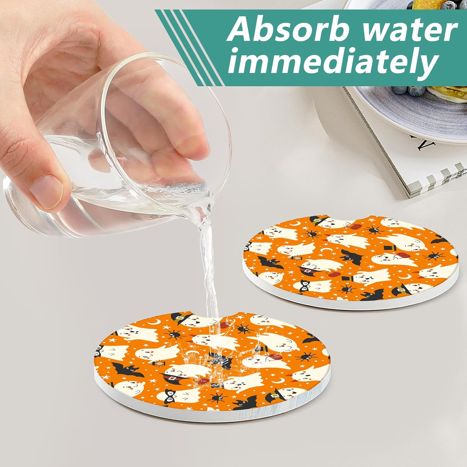 2 Pack Halloween Car Cup Holder Coasters - Ghost Bat Ceramic Coasters