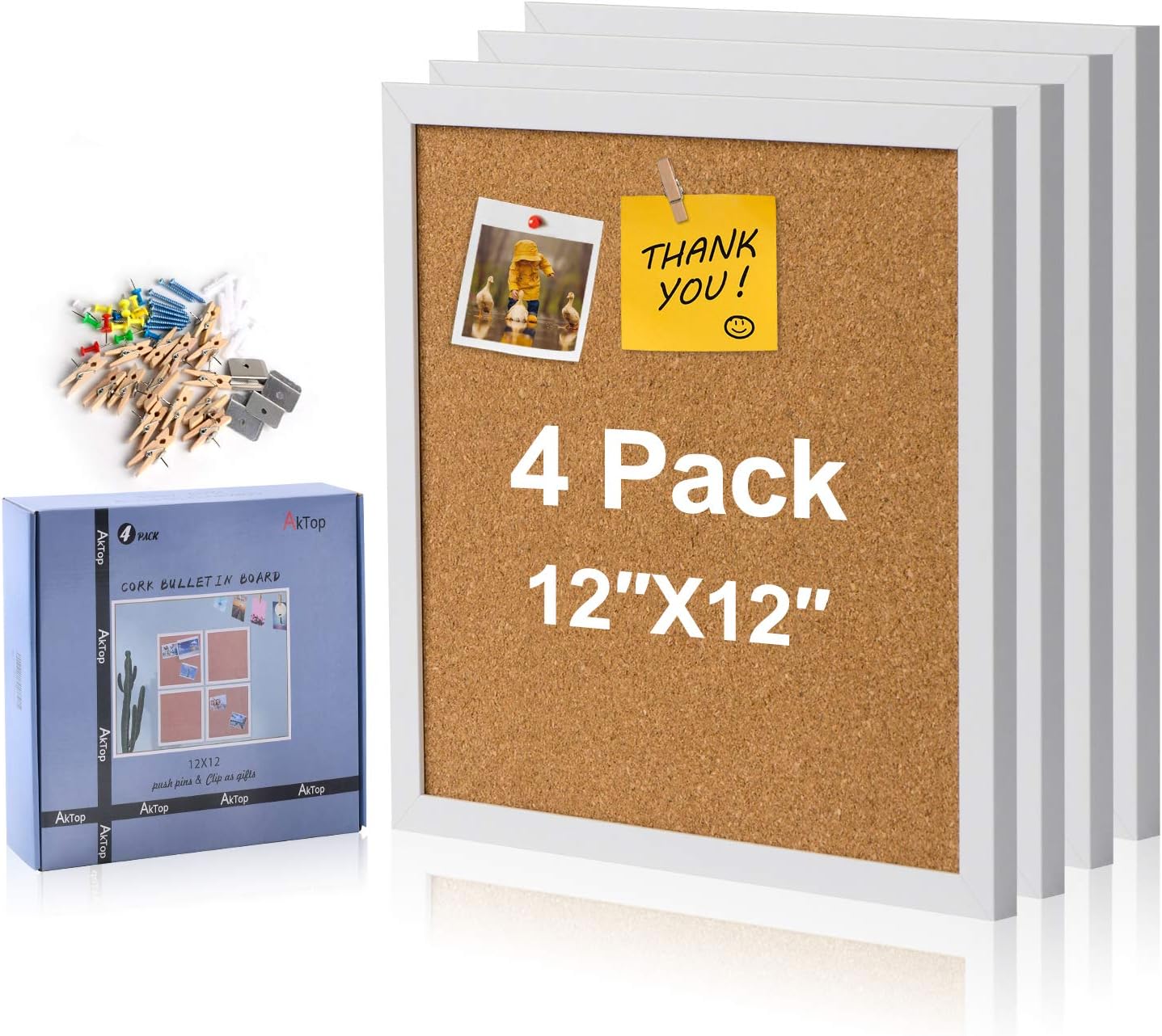AkTop 12x12 White Framed Corkboard 4 Pack