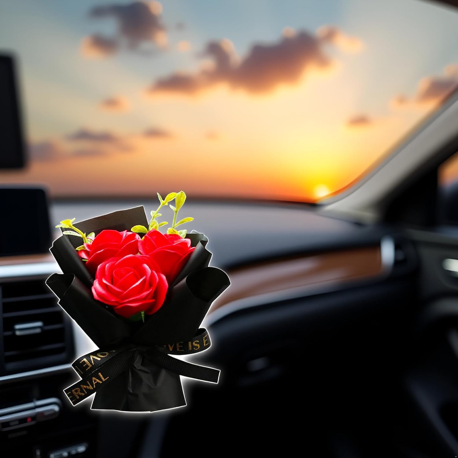 Red Mini Bouquet Car Air Vent Clip with Dried Rose Fragrance Diffuser