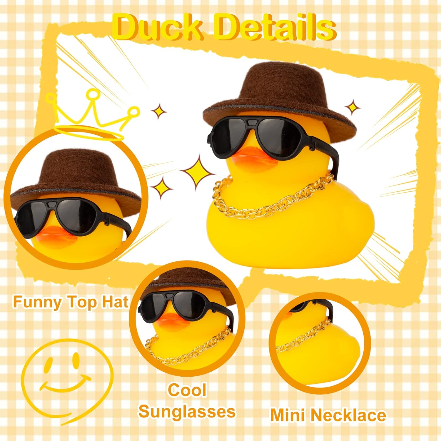 Yellow Duck Car Dashboard Decor with Beanie Hat Necklace Sunglasses