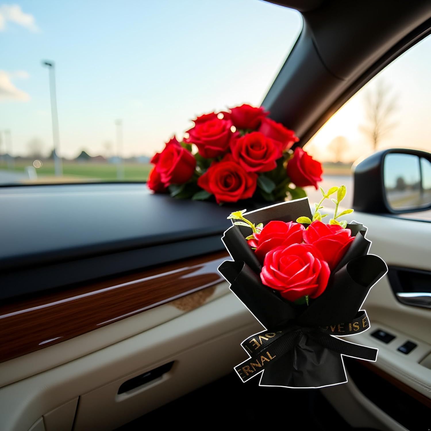 Red Mini Bouquet Car Air Vent Clip with Dried Rose Fragrance Diffuser