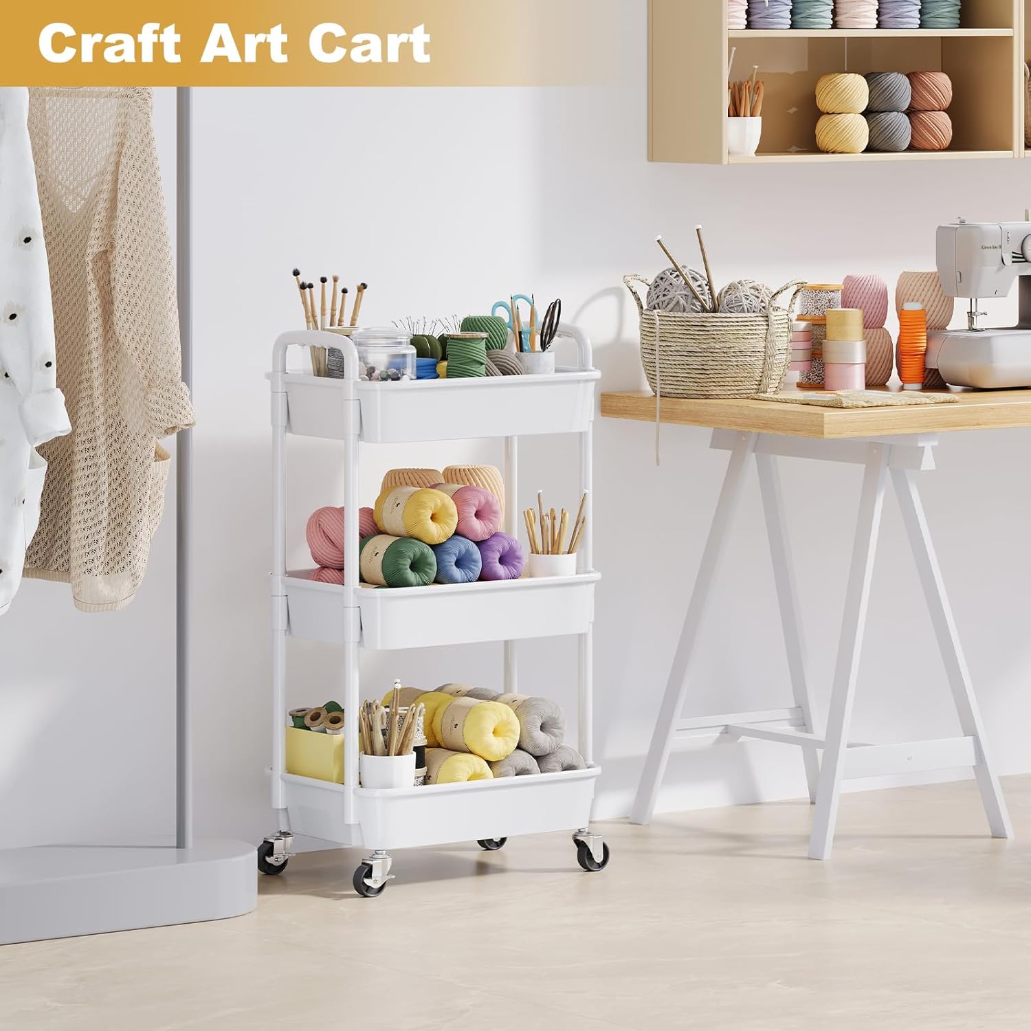 3 Tier Plastic Rolling Cart with Lockable Wheels