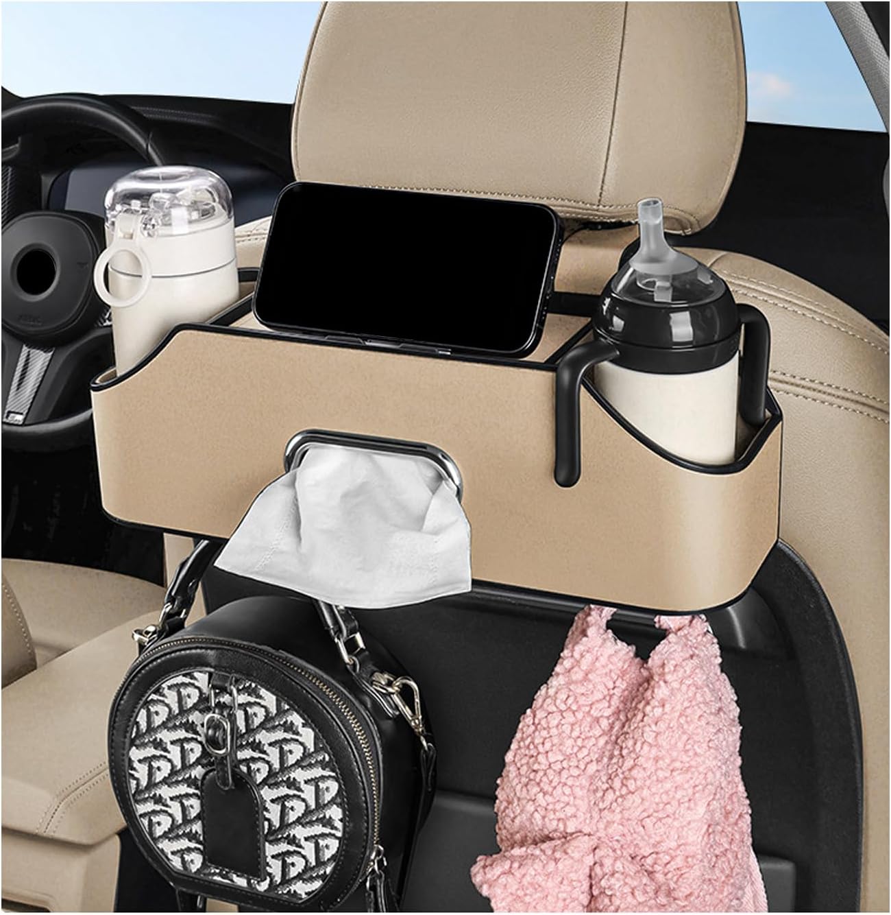 Car Seat Back Organizer with 2 Drink Holders and Storage Hooks