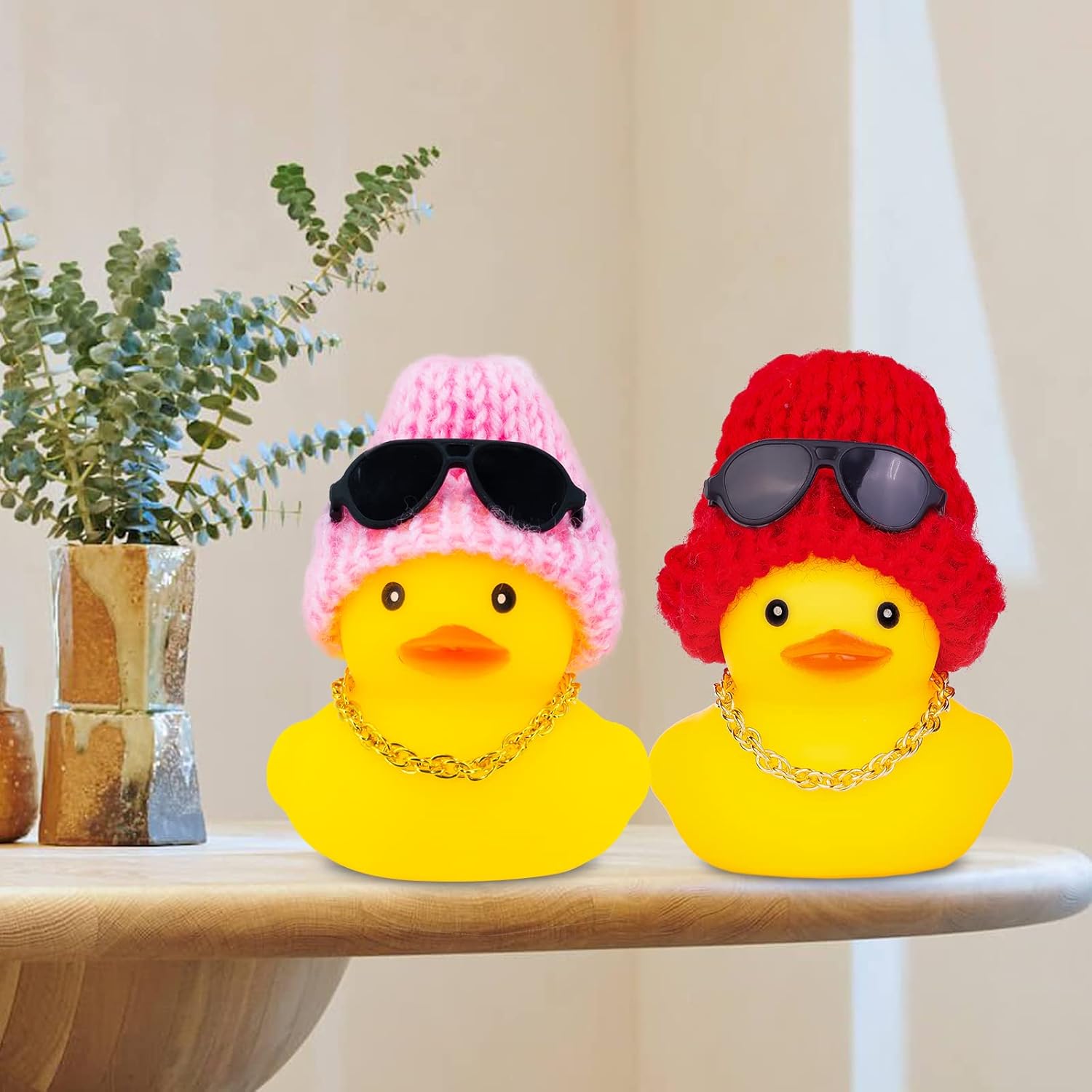 Yellow Duck Car Dashboard Decor with Beanie Hat Necklace Sunglasses