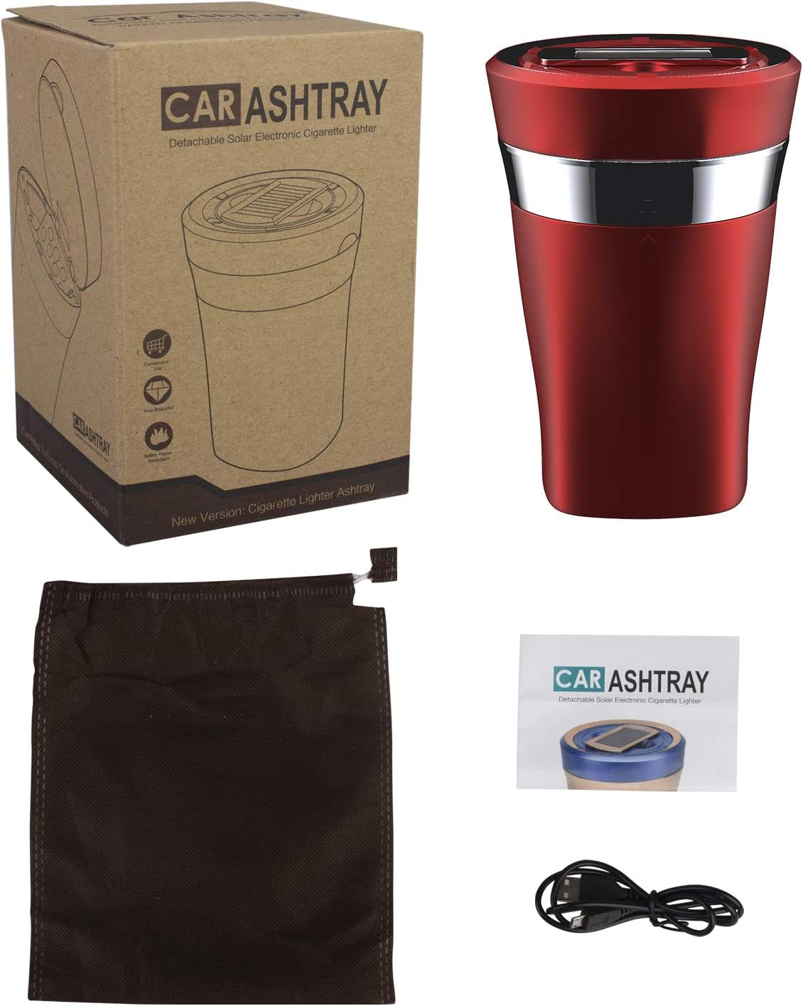 Car Ashtray with Detachable Lighter and Solar Power Red