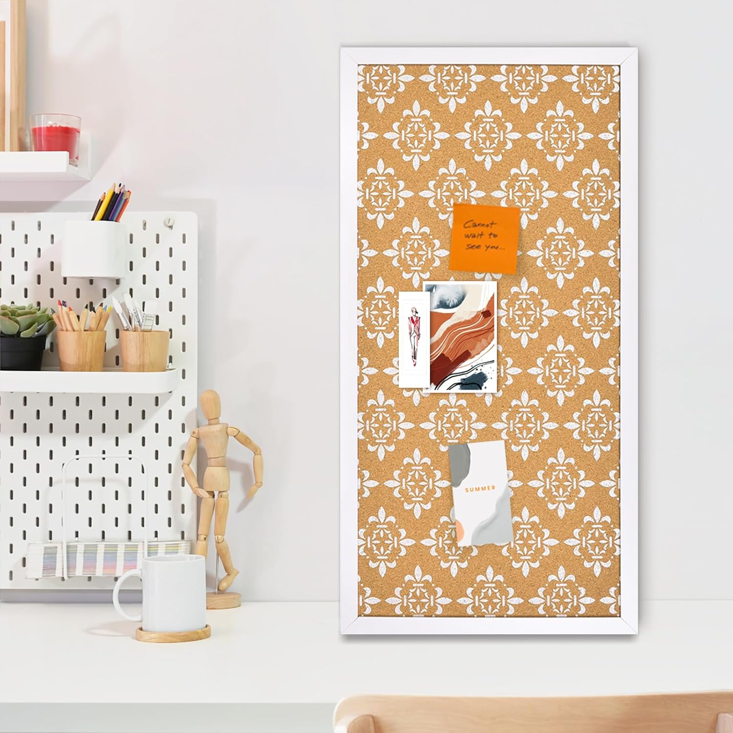 White Floral Cork Board with Wooden Frame