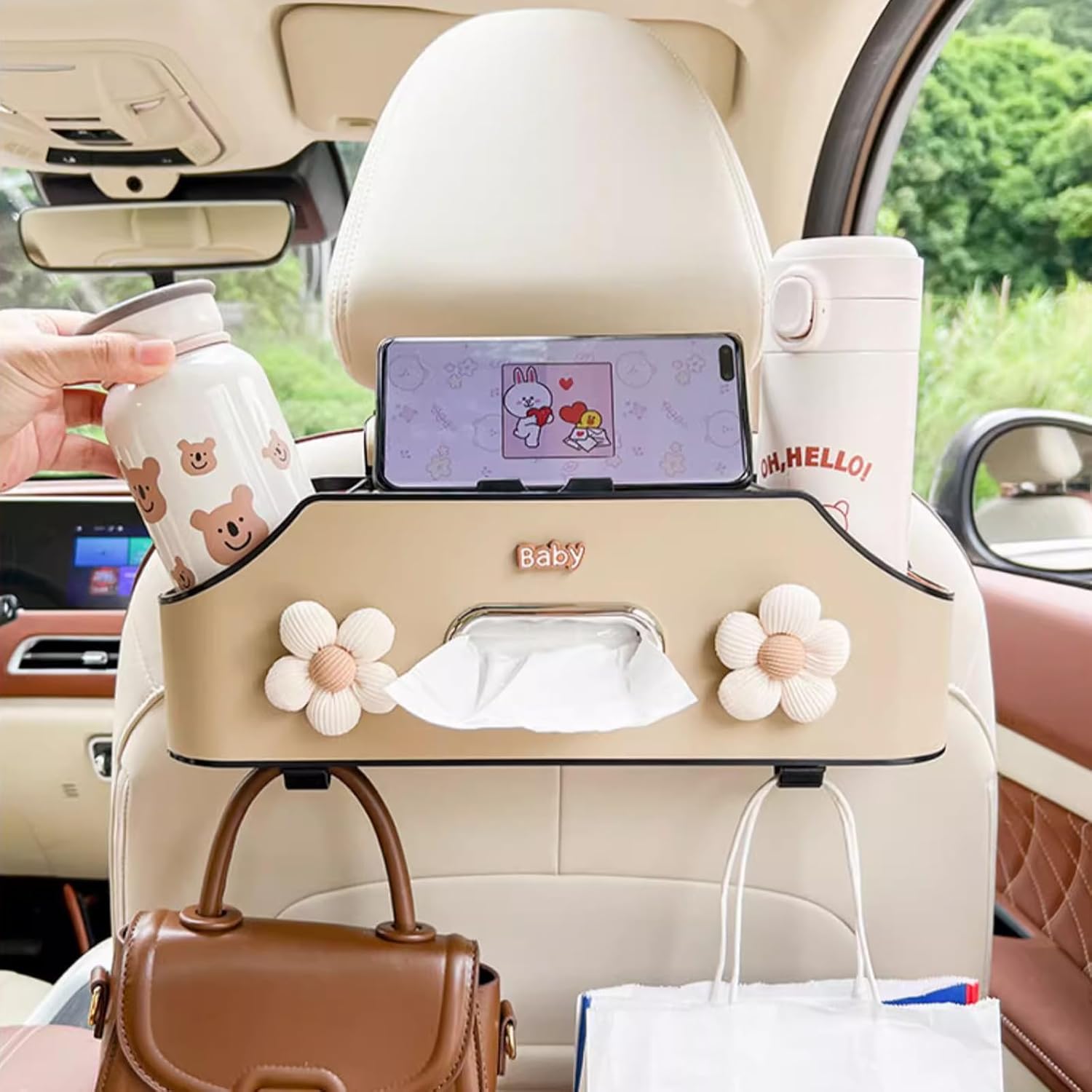 Car Headrest Back Seat Organizer with Cup Holder and Tissue Box