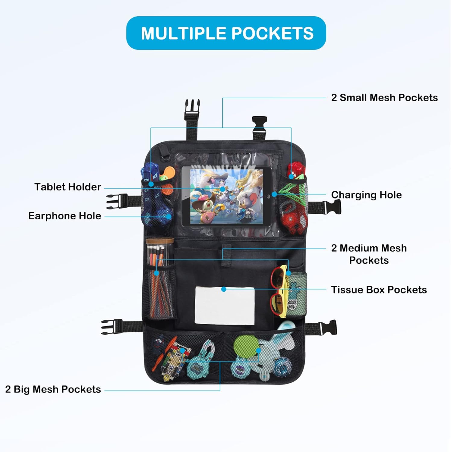 2 Pack Car Backseat Organizer with Tablet Holder and Tissue Box Pockets