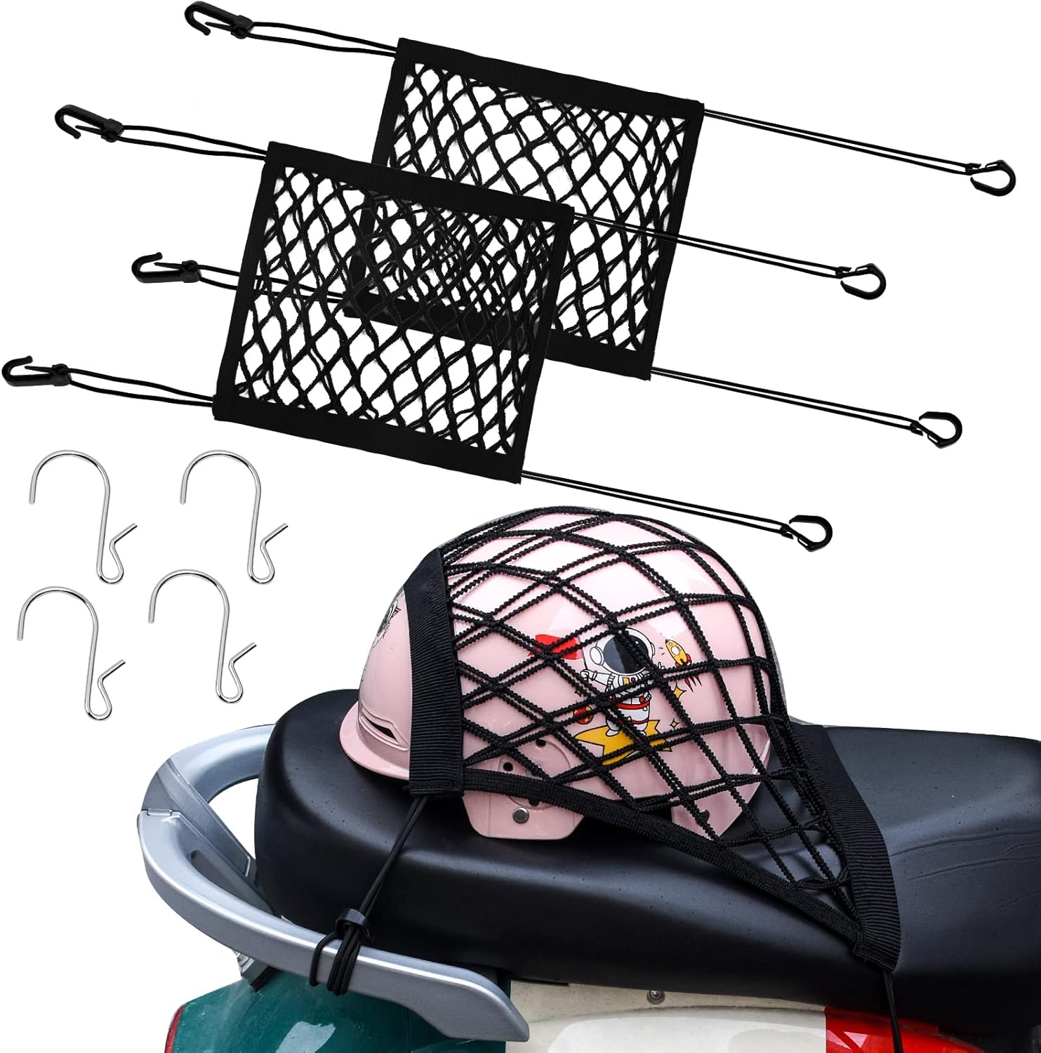 2PCS High Elastic Motorcycle Bungee Cargo Net with Adjustable Hooks