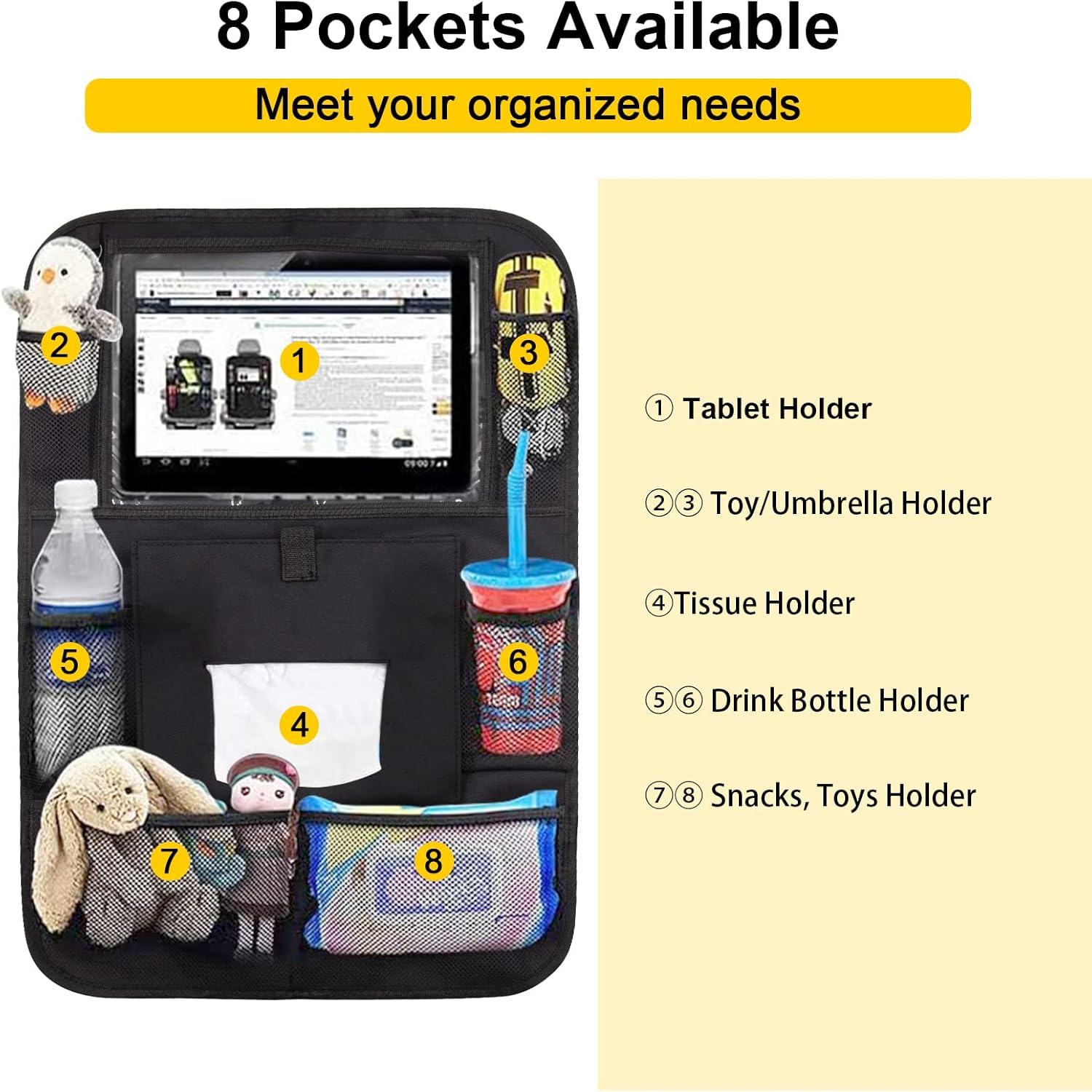 Backseat Car Organizer 2 PCS with Tablet Holder and 8 Pockets