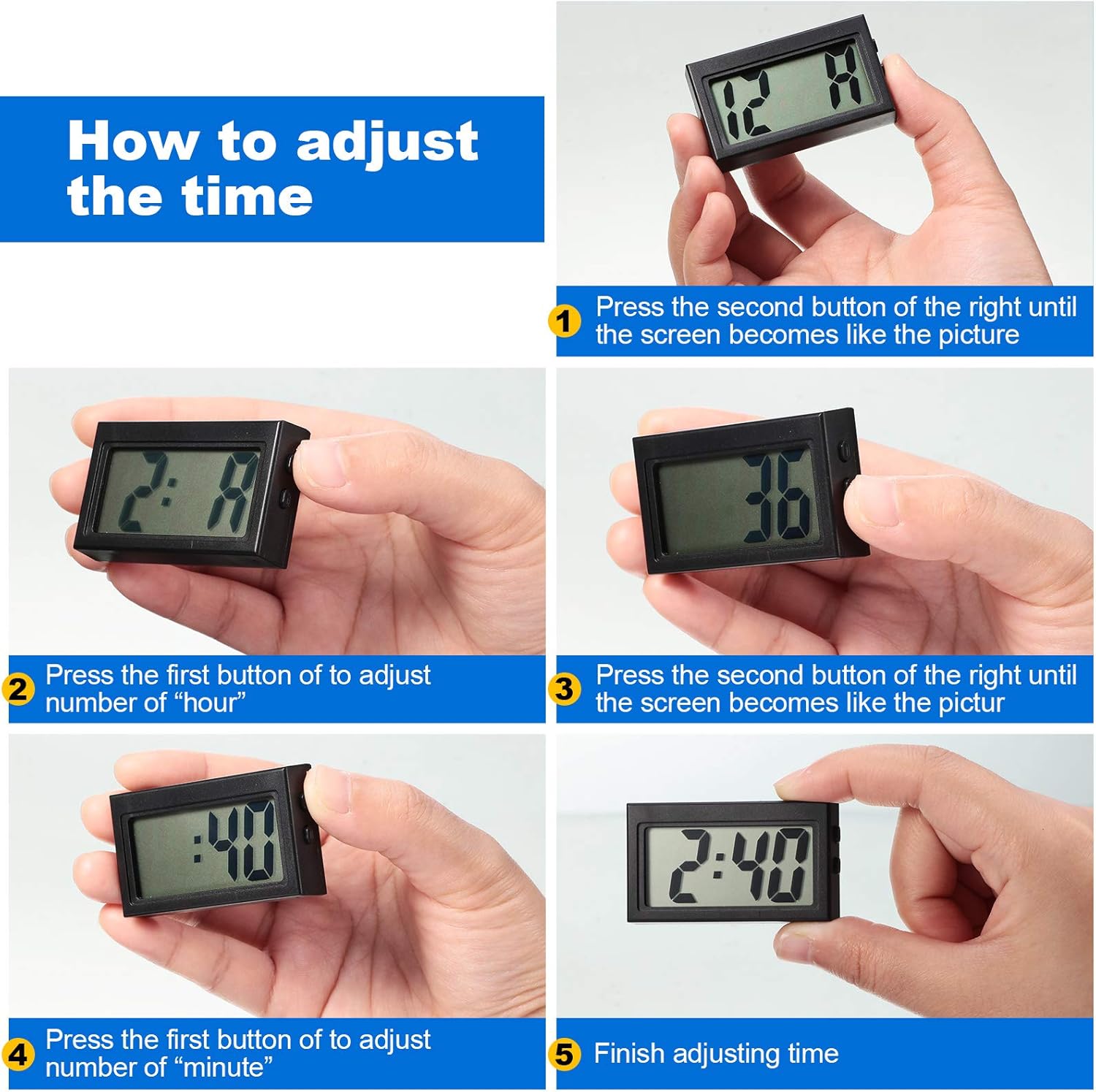 Frienda 3 Piece Mini Digital Clock Stick On Car Dashboard Fridge Black