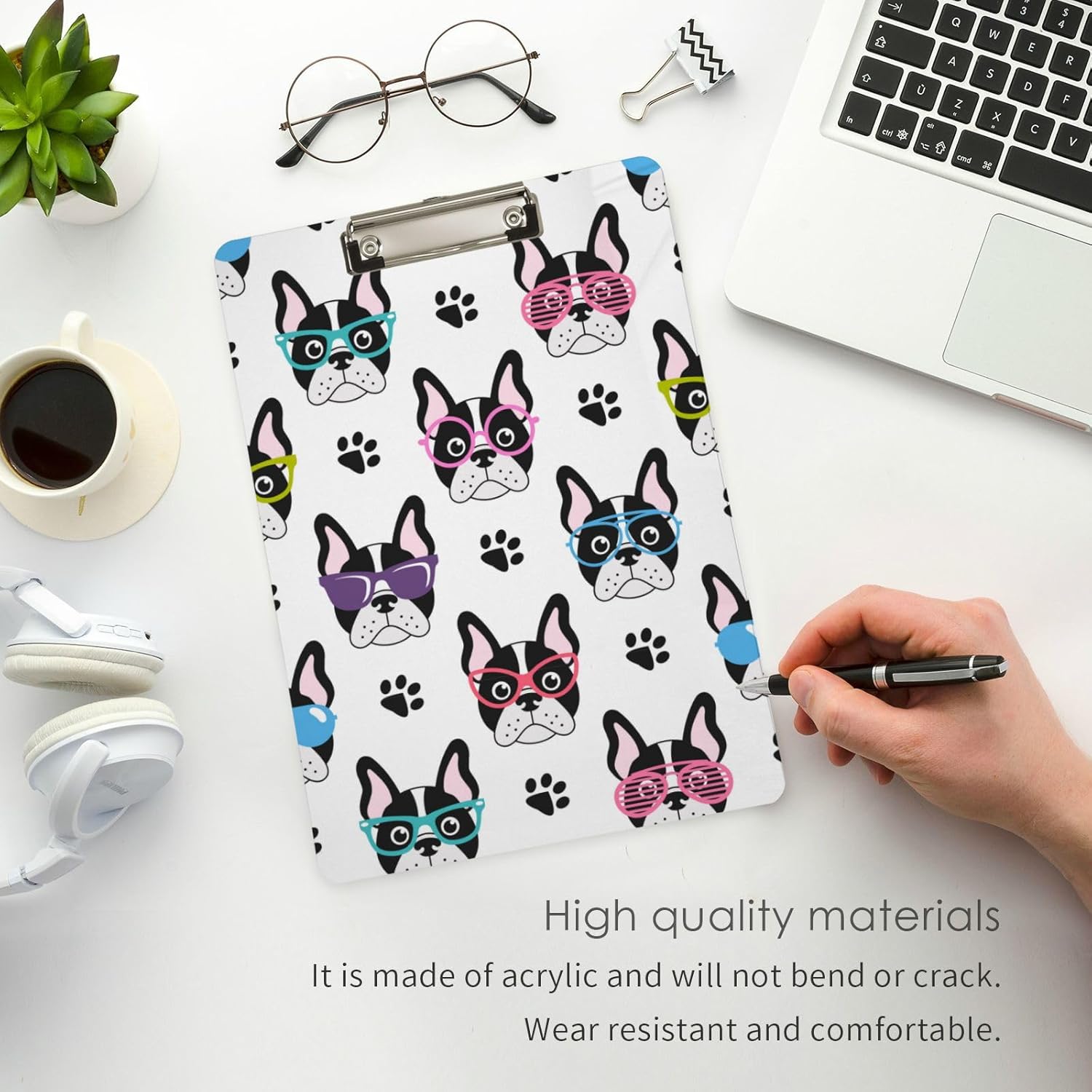 Gredecor French Bulldogs Clipboard with Glasses for A4 Paper