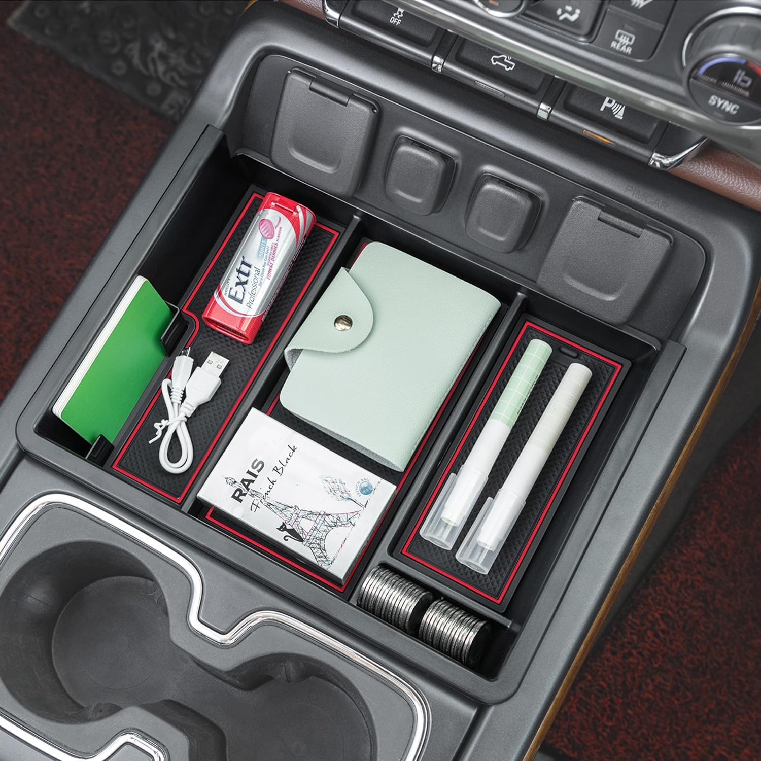 PIMCAR Center Console Organizer Tray Red Trim