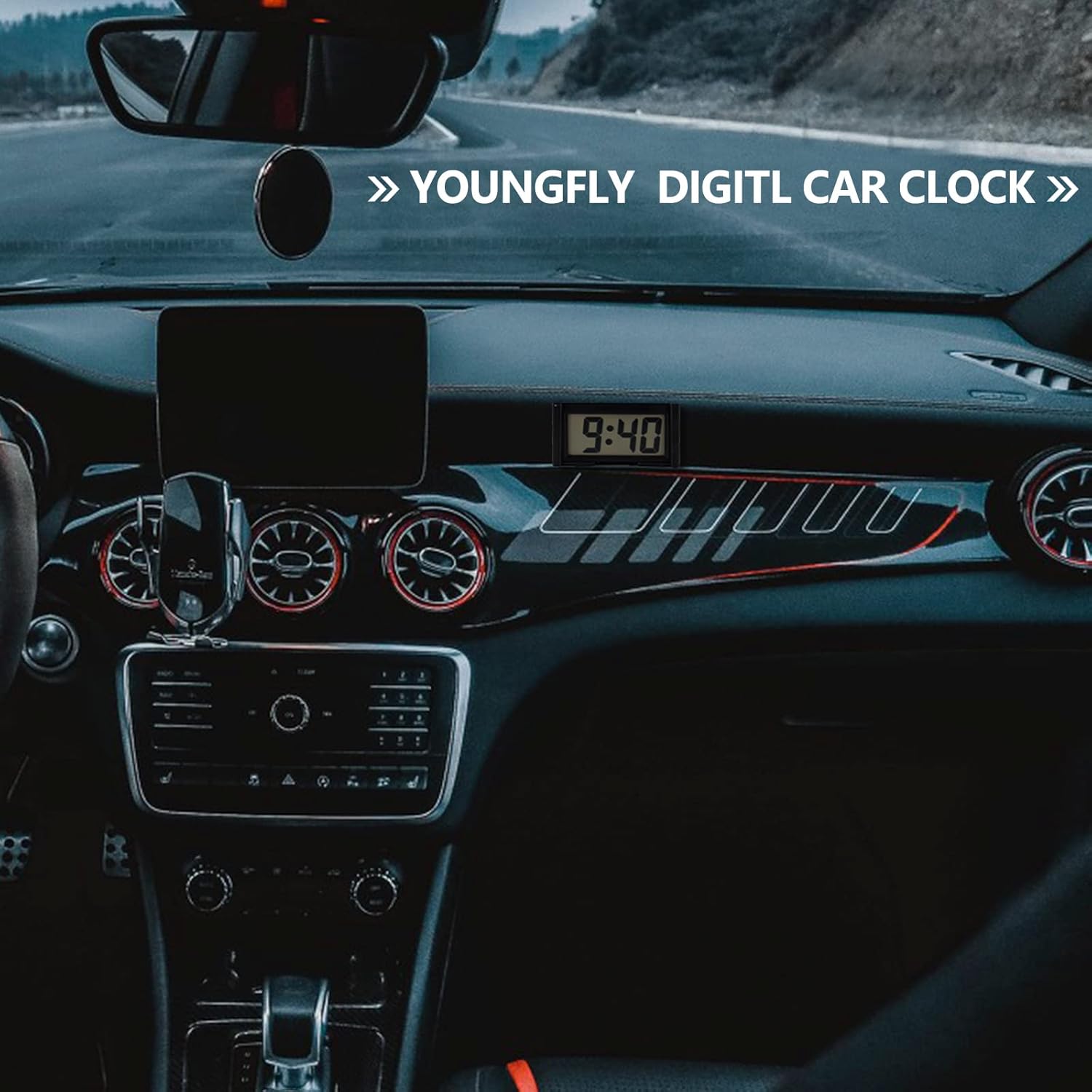 YOUNGFLY 4PCS Mini Car Clock with Large LCD Display
