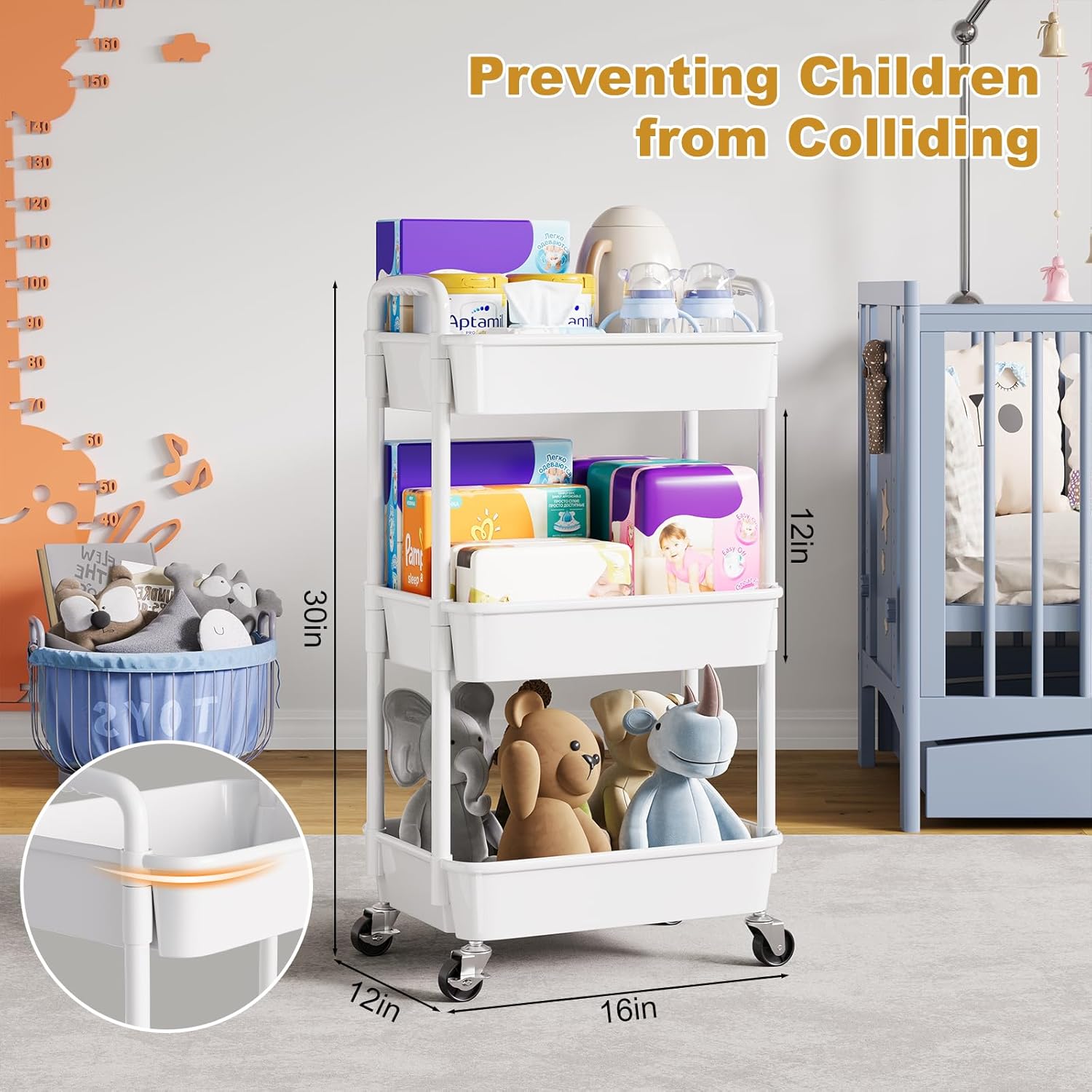 3 Tier Plastic Rolling Cart with Lockable Wheels