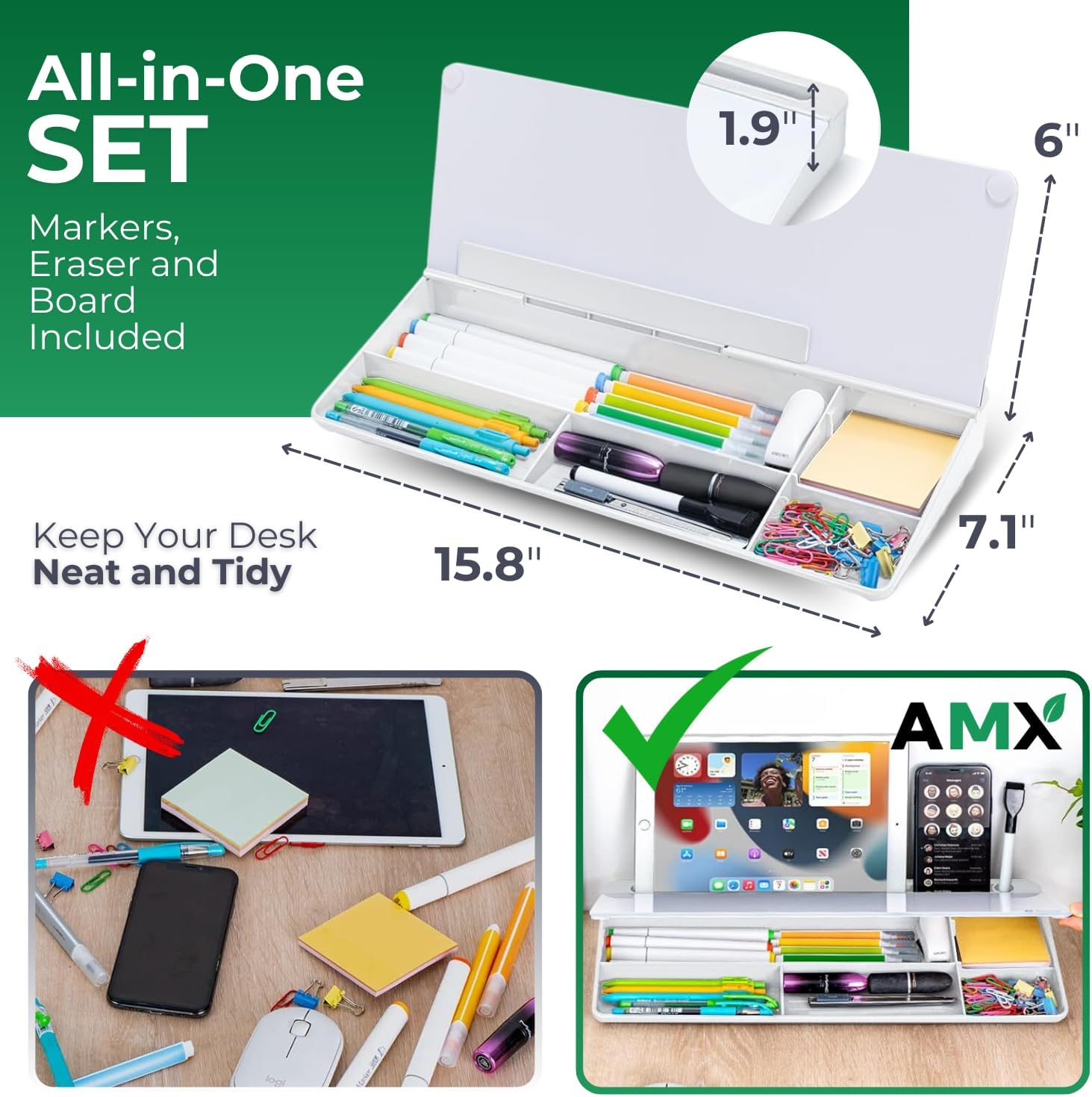 AMX Small Glass Dry Erase Board - Keyboard Stand and Desk Organizer