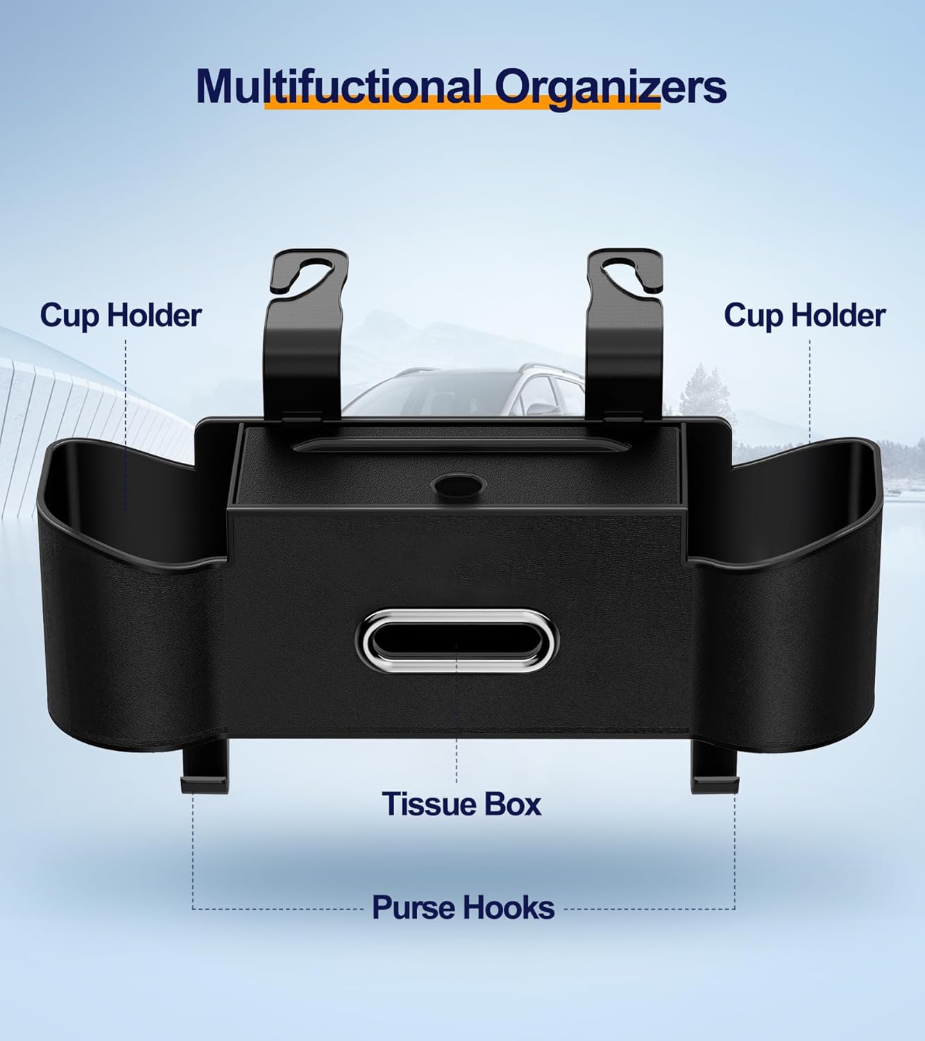 3-in-1 Car Organizer with Tissue Holder Cup Holders and Purse Hooks