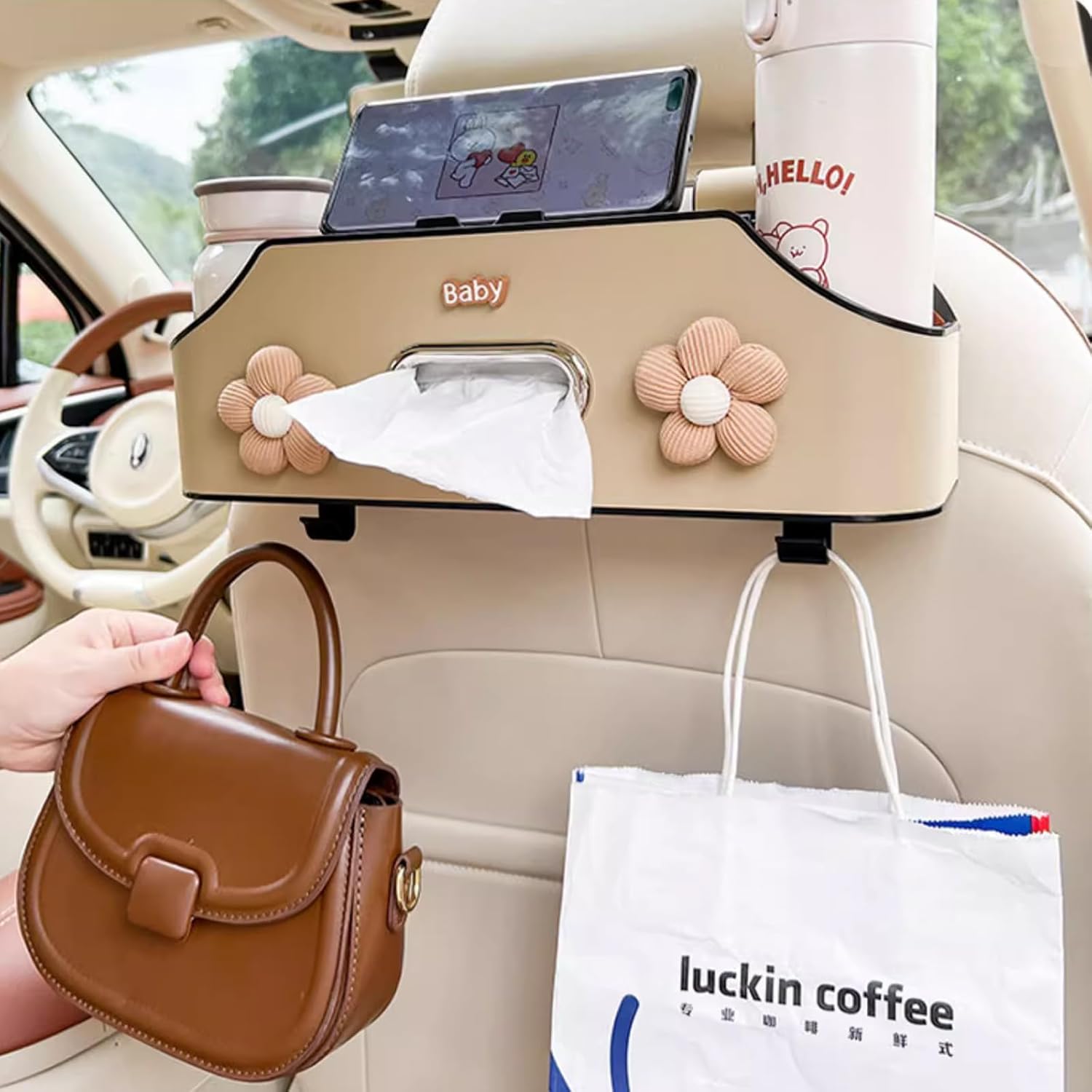 Car Headrest Back Seat Organizer with Cup Holder and Tissue Box