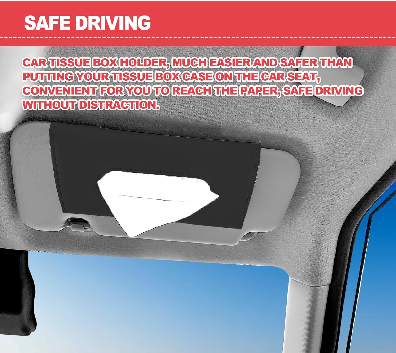 Car Tissue Holder with Mask Clip Visor Mount Black