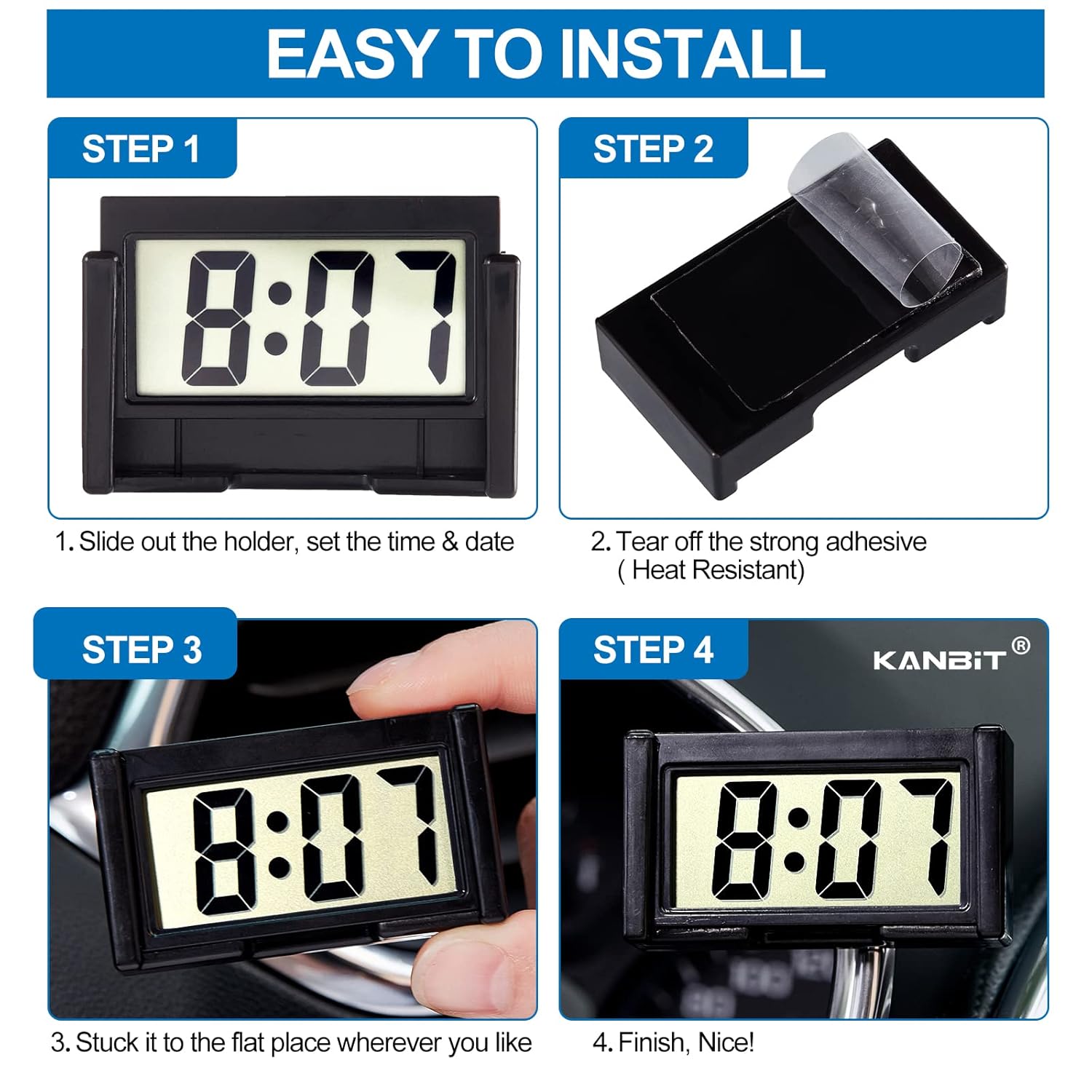 KANBIT 4-Piece Mini Digital Car Dashboard Clock with Clear LCD Display Black