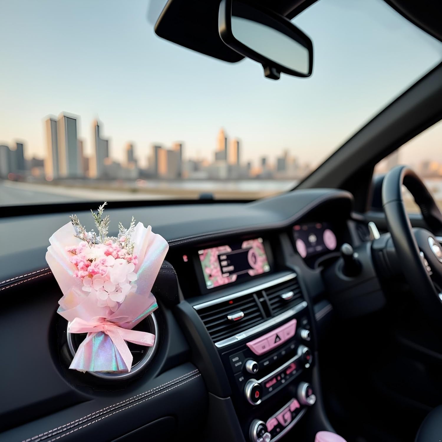 Pink Mini Dried Flowers Bouquet for Car Air Vent Clips 1