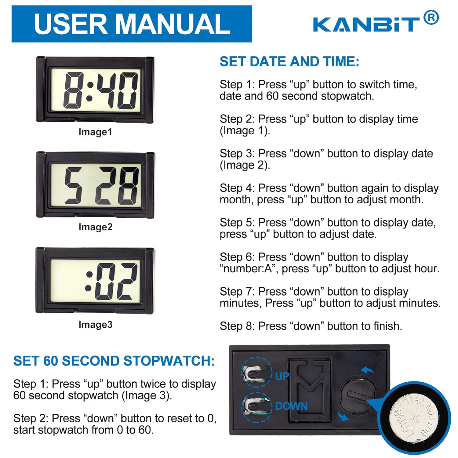 KANBIT 4-Piece Mini Digital Car Dashboard Clock with Clear LCD Display Black