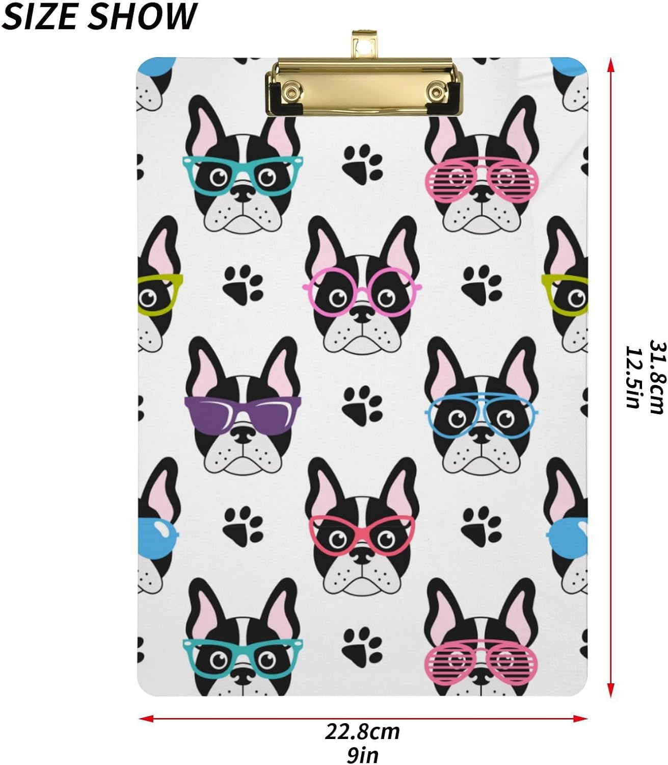 Gredecor French Bulldogs Clipboard with Glasses for A4 Paper