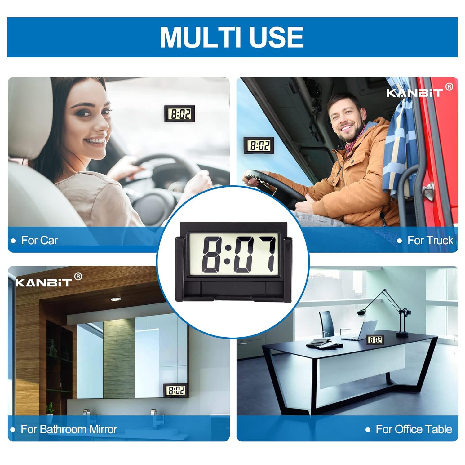 KANBIT 4-Piece Mini Digital Car Dashboard Clock with Clear LCD Display Black