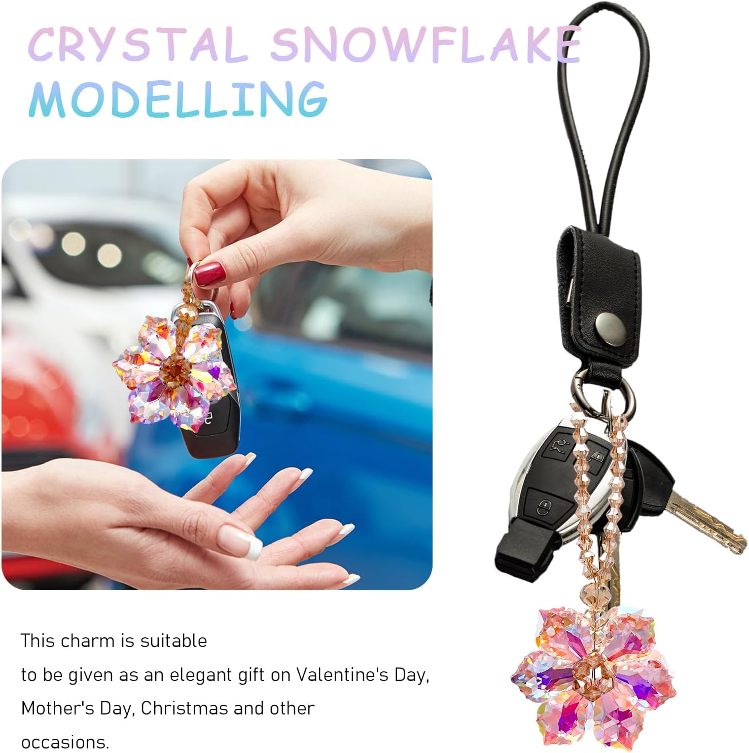 Crystal Flower Car Hanging Ornament - Pink Sun Catcher Keychain