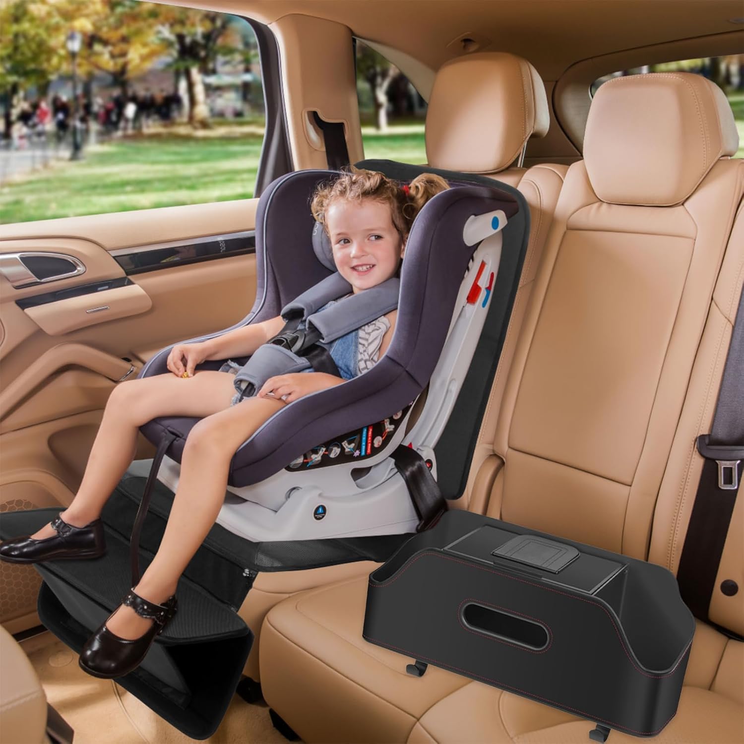 Car Back Seat Organizer with 2 Drink Holders and Tissue Box Black