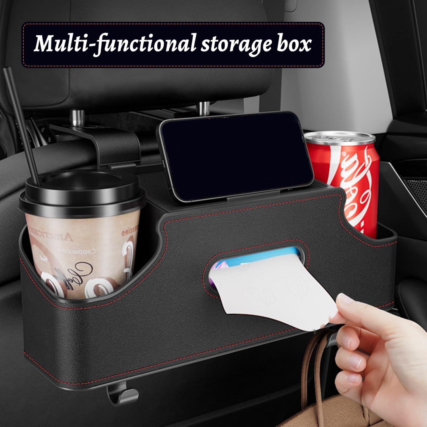 Car Back Seat Organizer with 2 Drink Holders and Tissue Box Black