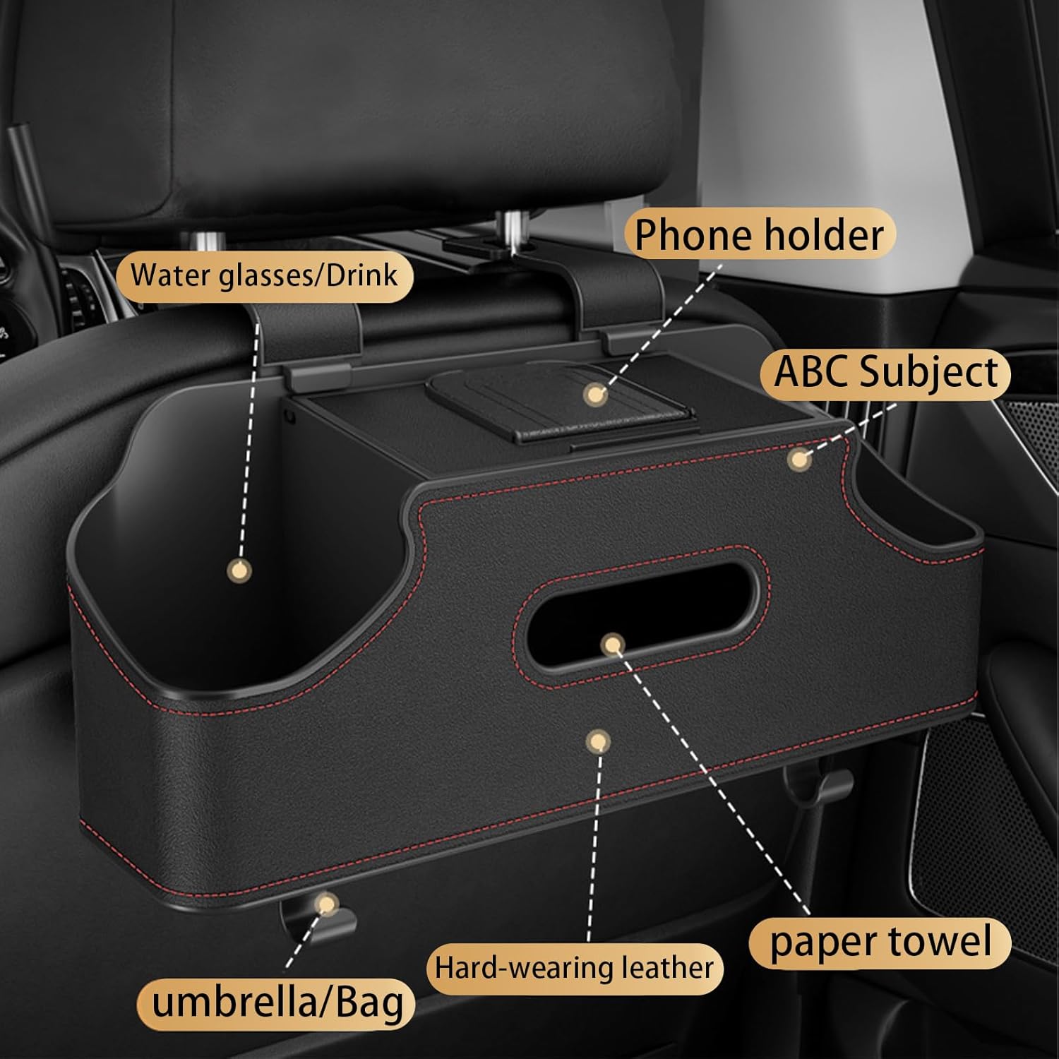 Car Back Seat Organizer with 2 Drink Holders and Tissue Box Black