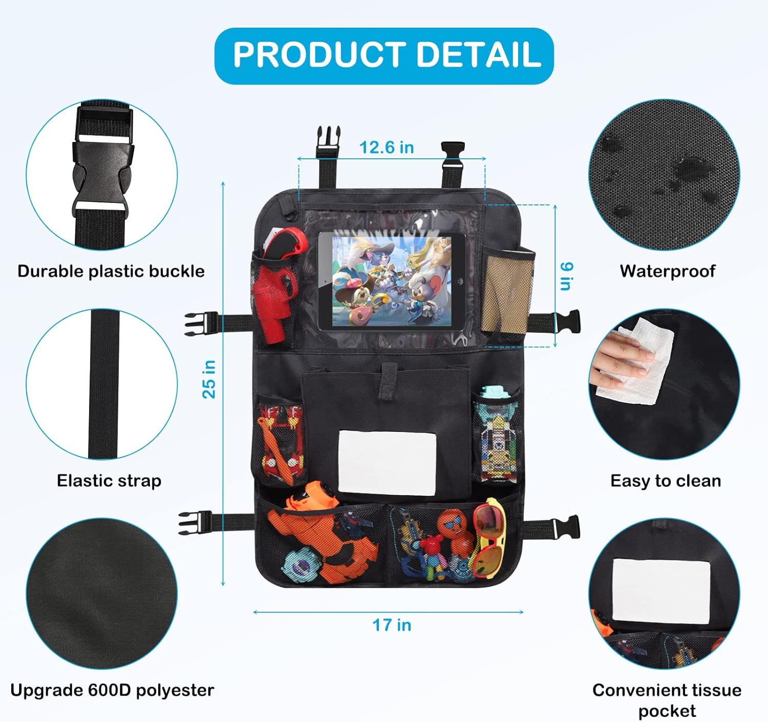 2 Pack Car Backseat Organizer with Tablet Holder and Tissue Box Pockets