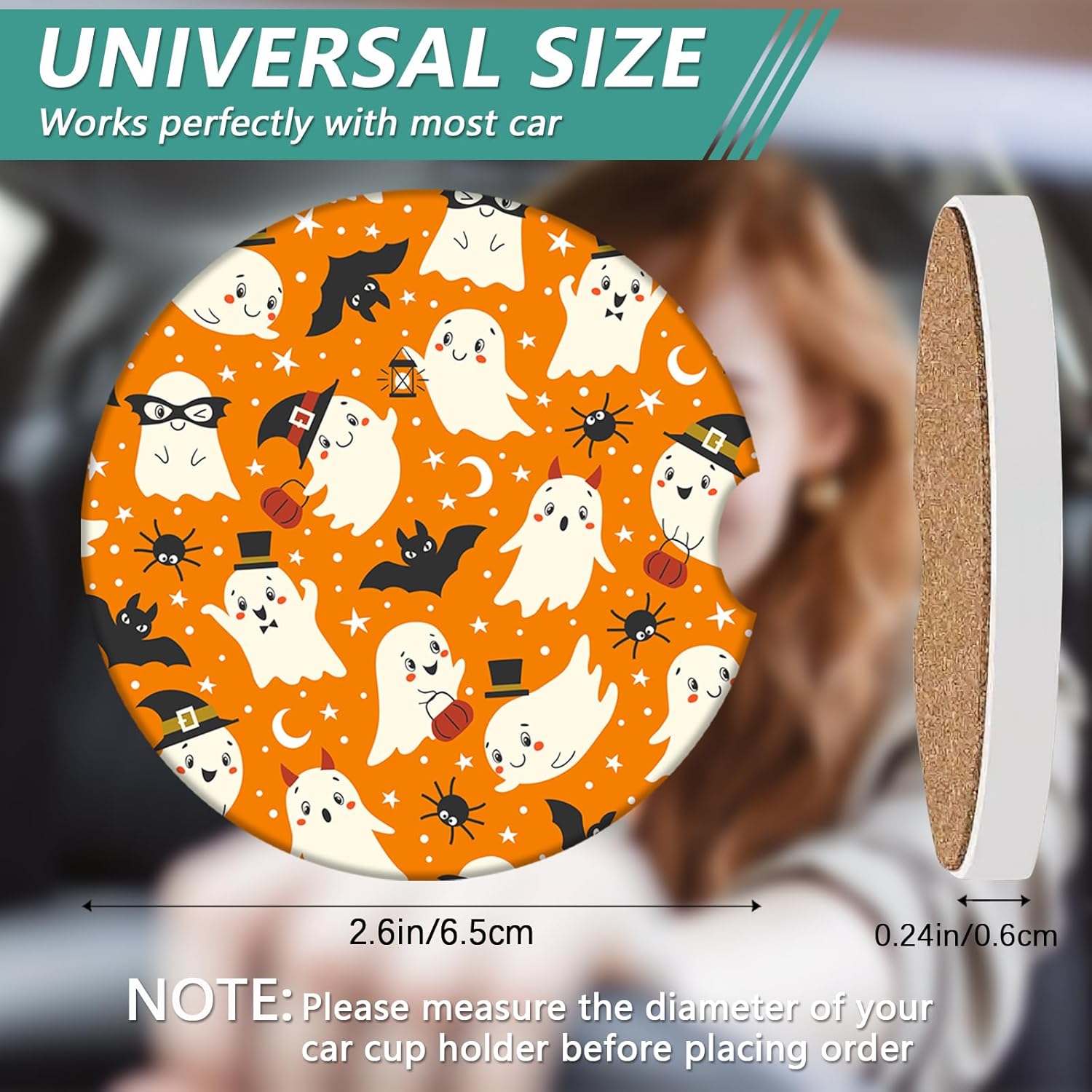 2 Pack Halloween Car Cup Holder Coasters - Ghost Bat Ceramic Coasters