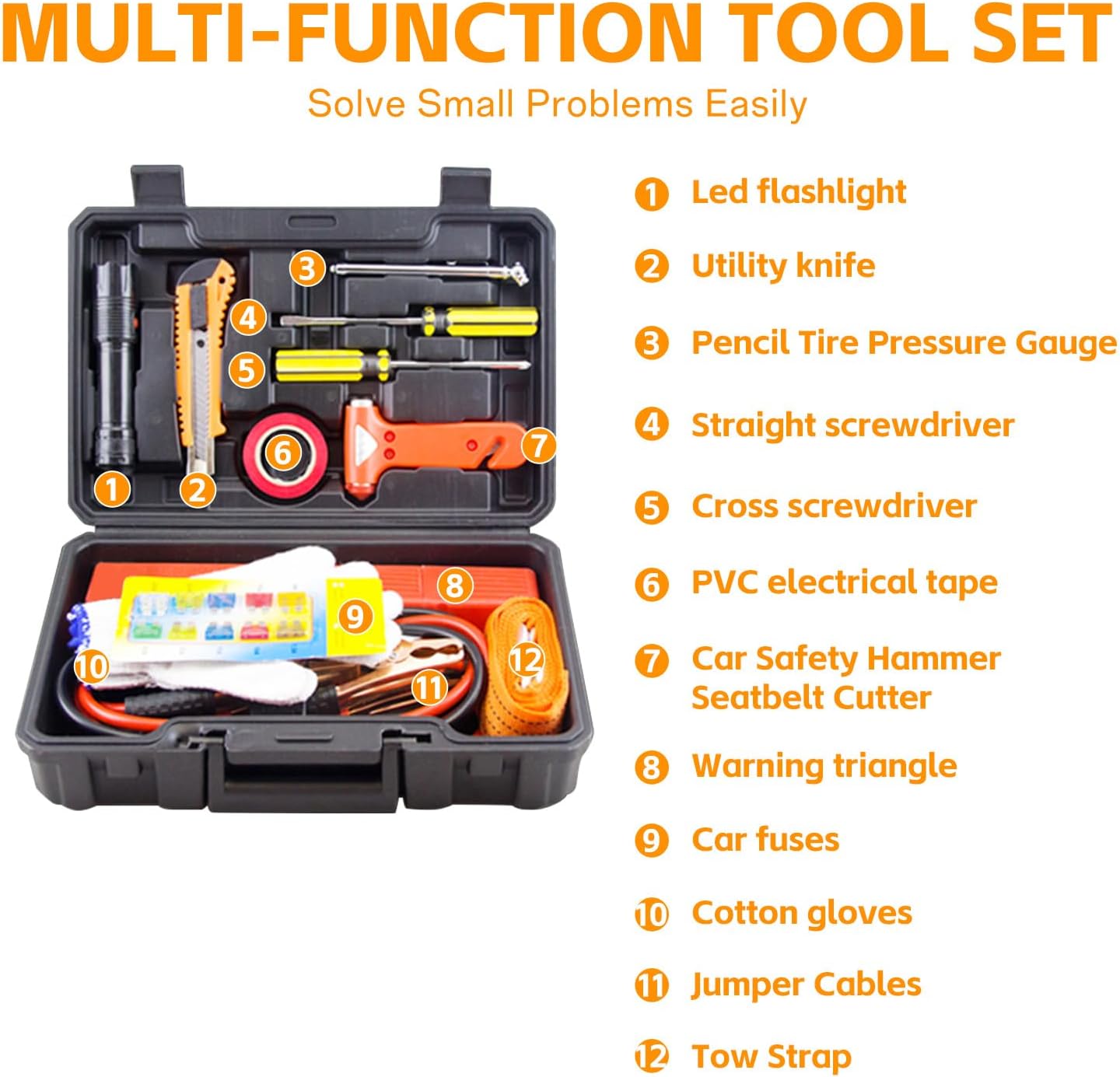 Car Emergency Kit with Jumper Cables and Safety Tools