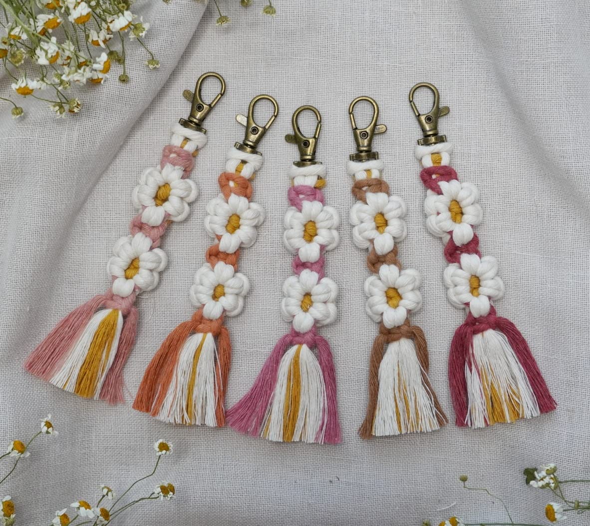 Macrame Daisy Flower Keychain Boho Handmade