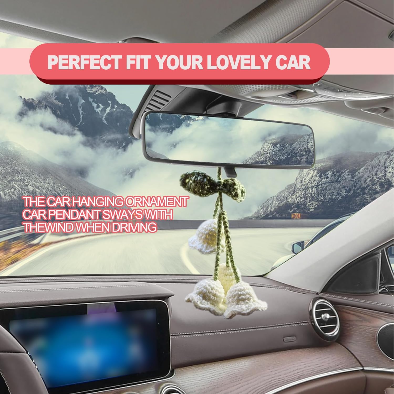 Cute Crochet Flora Flower Car Mirror Ornament White