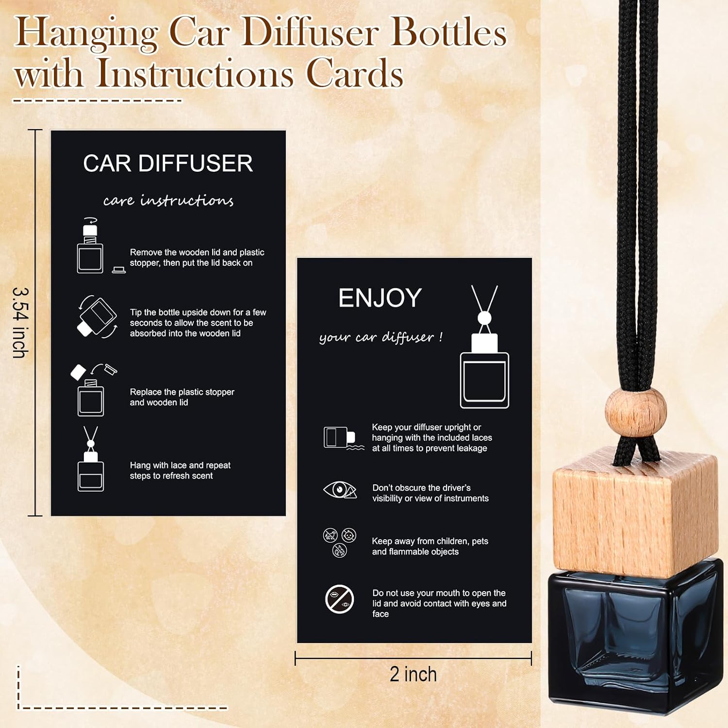 100pcs Square Black Glass Diffuser Bottles with Lanyards and Instruction Cards