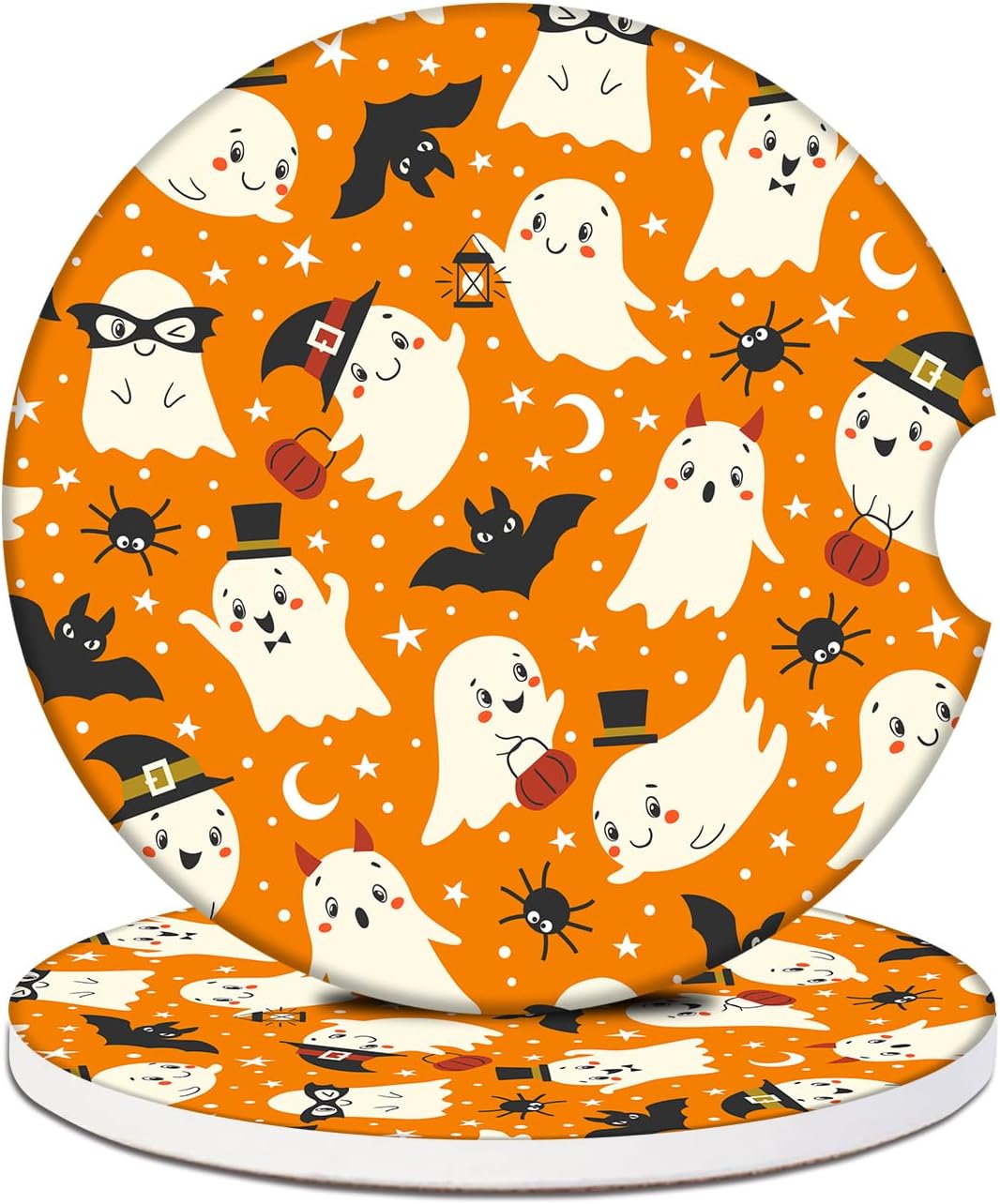 2 Pack Halloween Car Cup Holder Coasters - Ghost Bat Ceramic Coasters