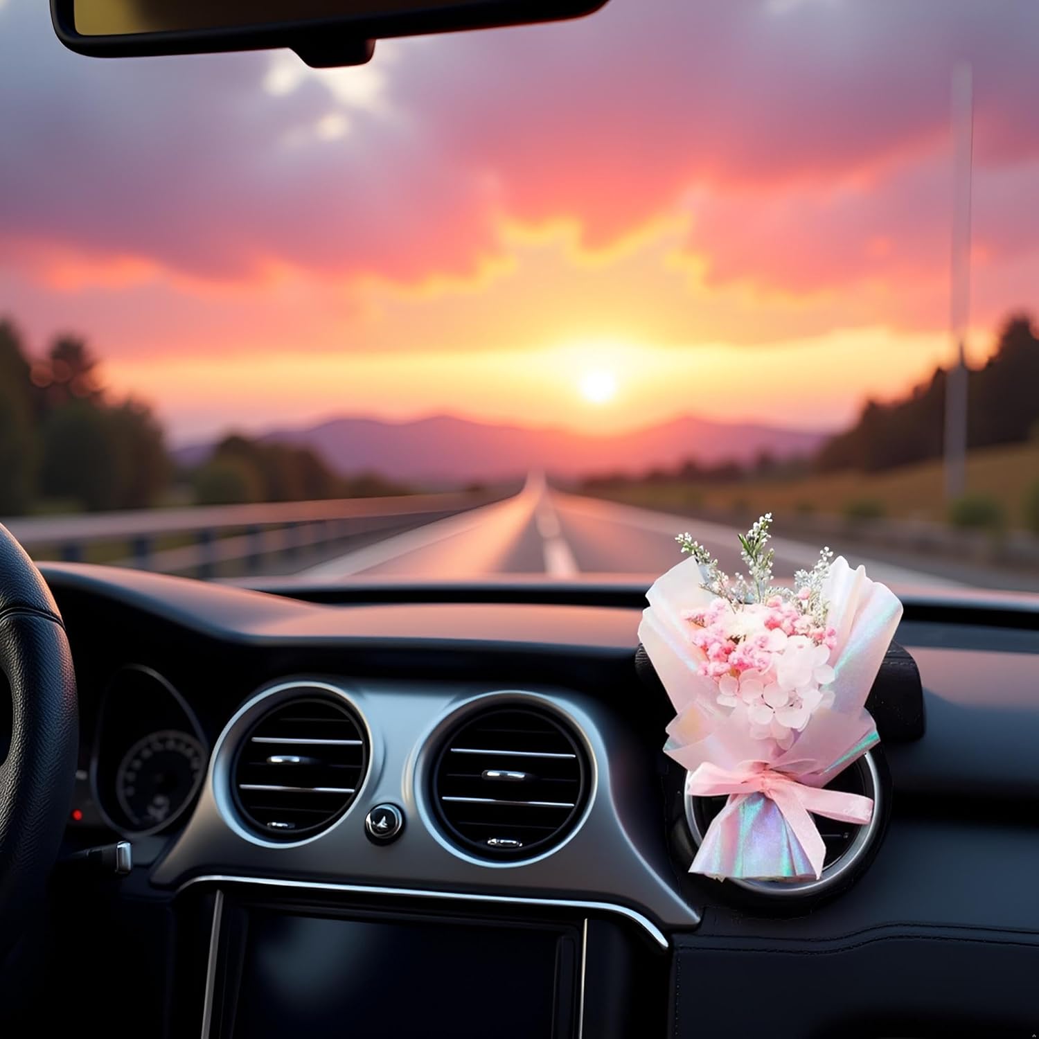Pink Mini Dried Flowers Bouquet for Car Air Vent Clips 1