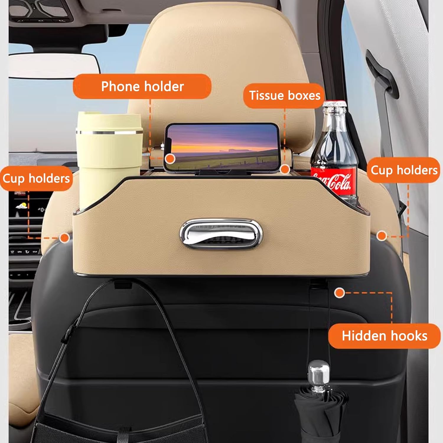 Car Headrest Back Seat Organizer with Cup Holder and Tissue Box