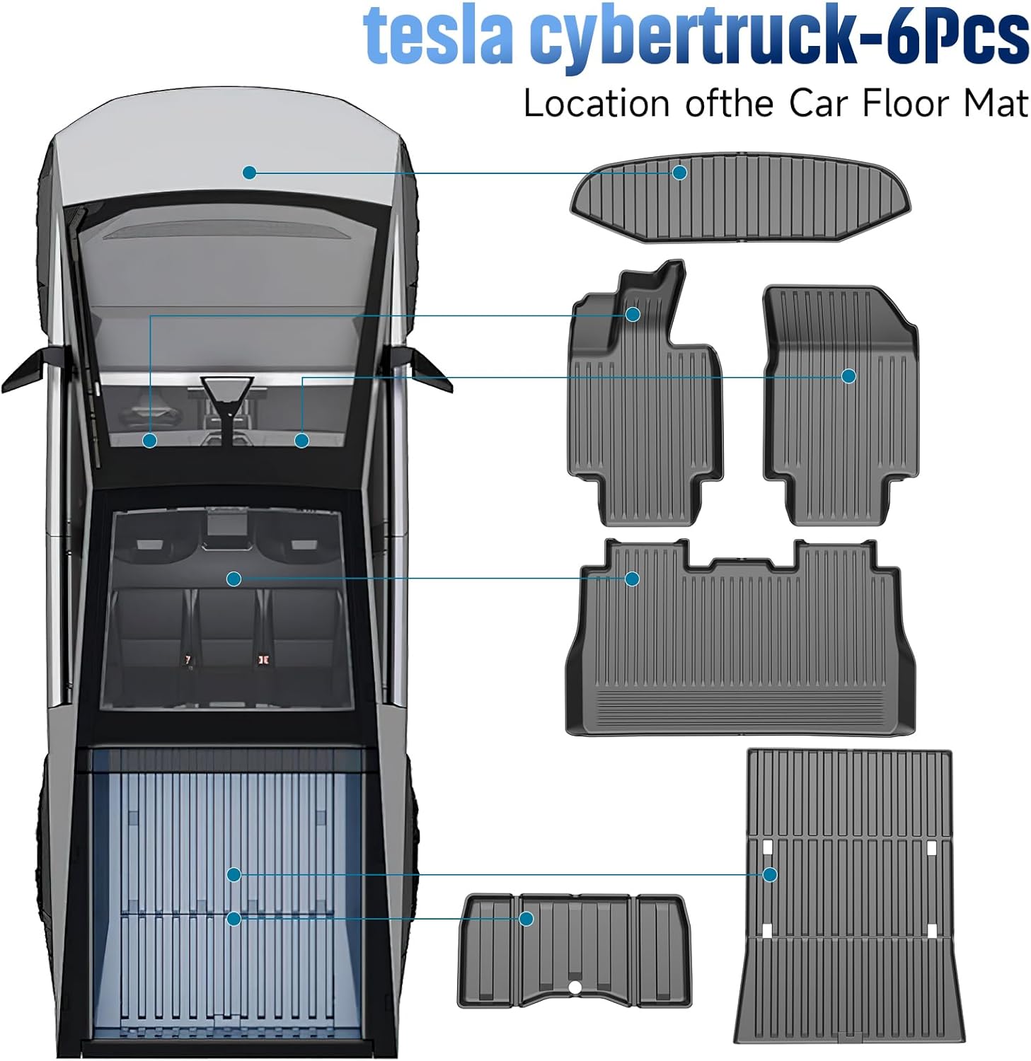 PawteIin Tesla Cybertruck Floor Mats 2023 2024 2025 Set of 6