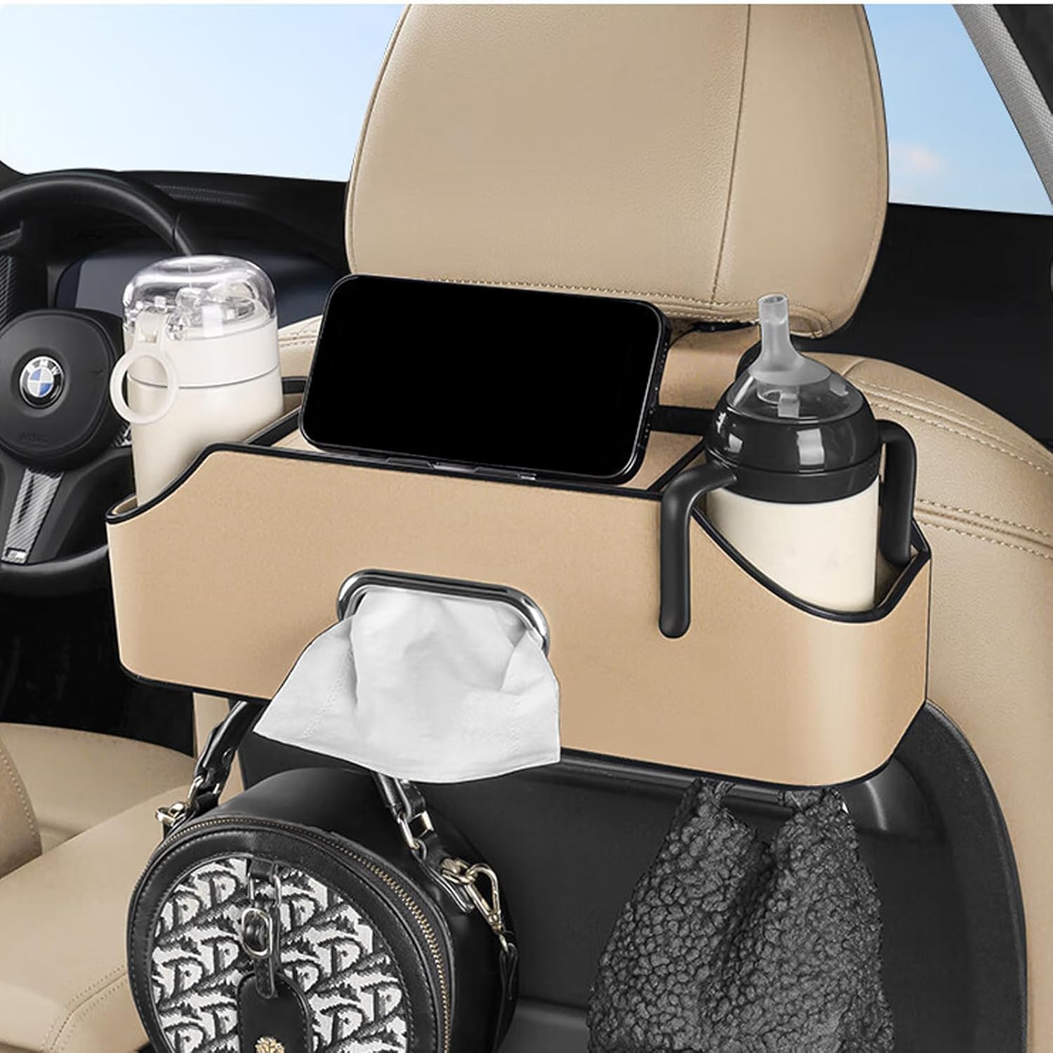 Car Headrest Back Seat Organizer with Cup Holder and Tissue Box