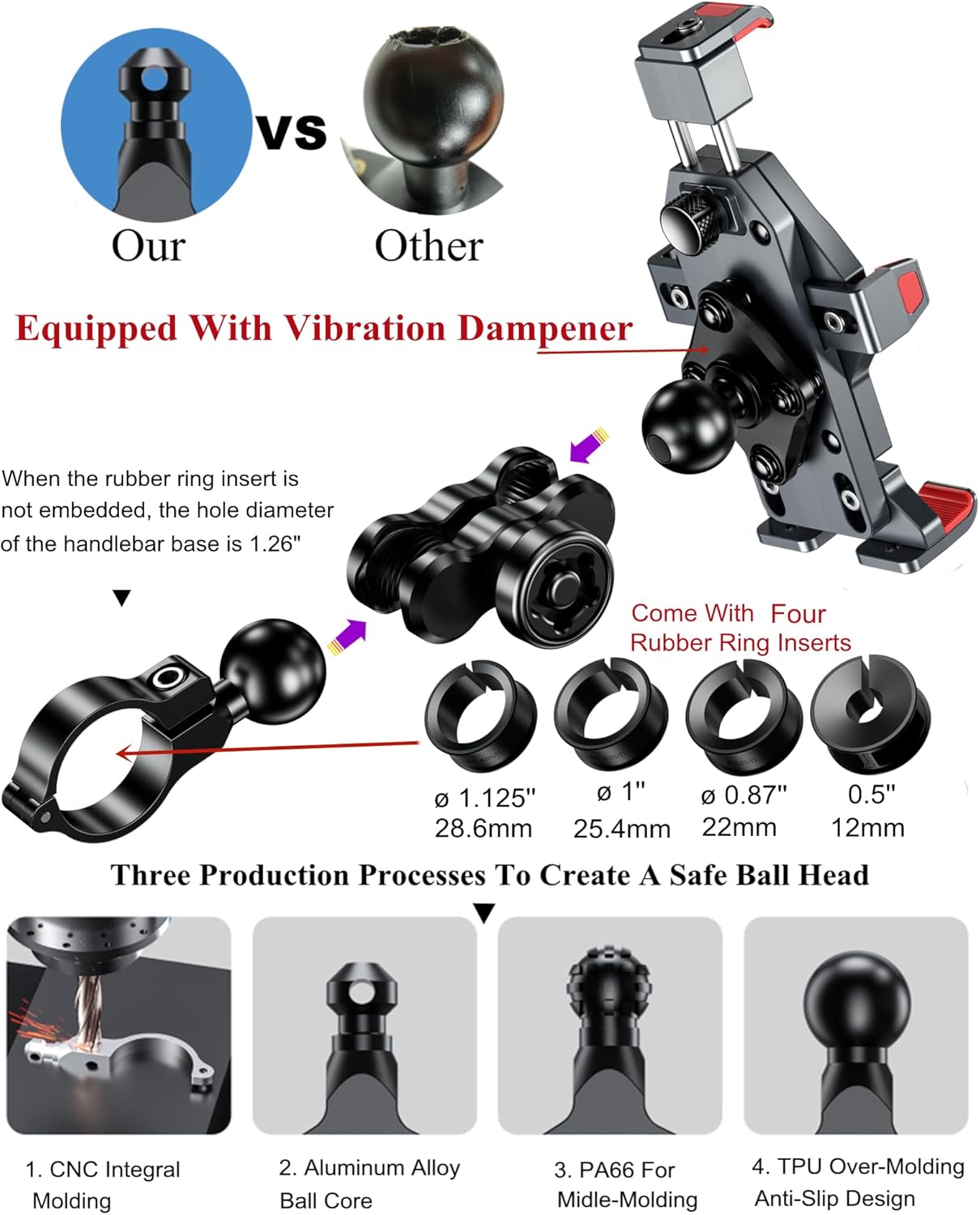 BRCOVAN Motorcycle Phone Mount with Secure Lock and Vibration Dampener