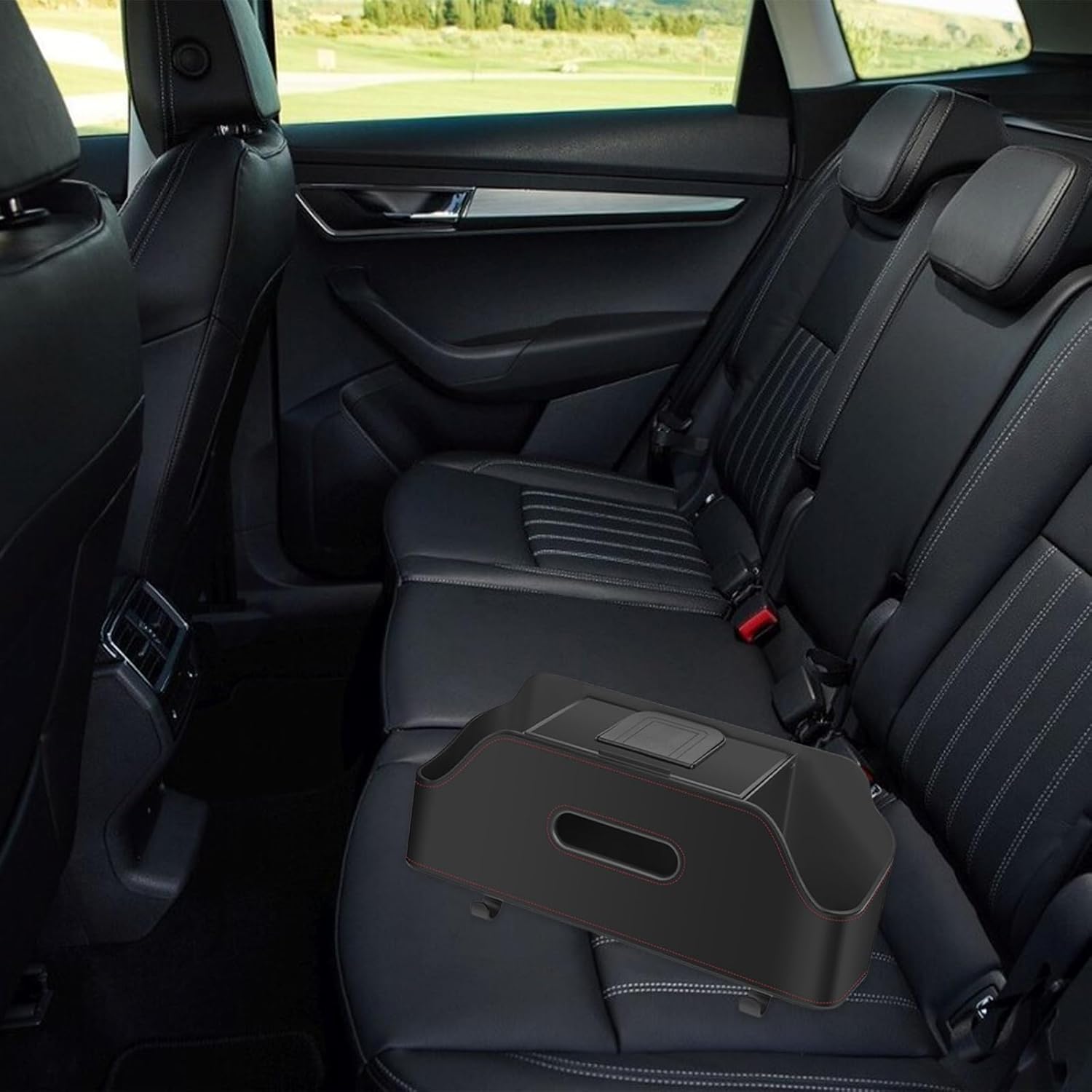 Car Back Seat Organizer with 2 Drink Holders and Tissue Box Black